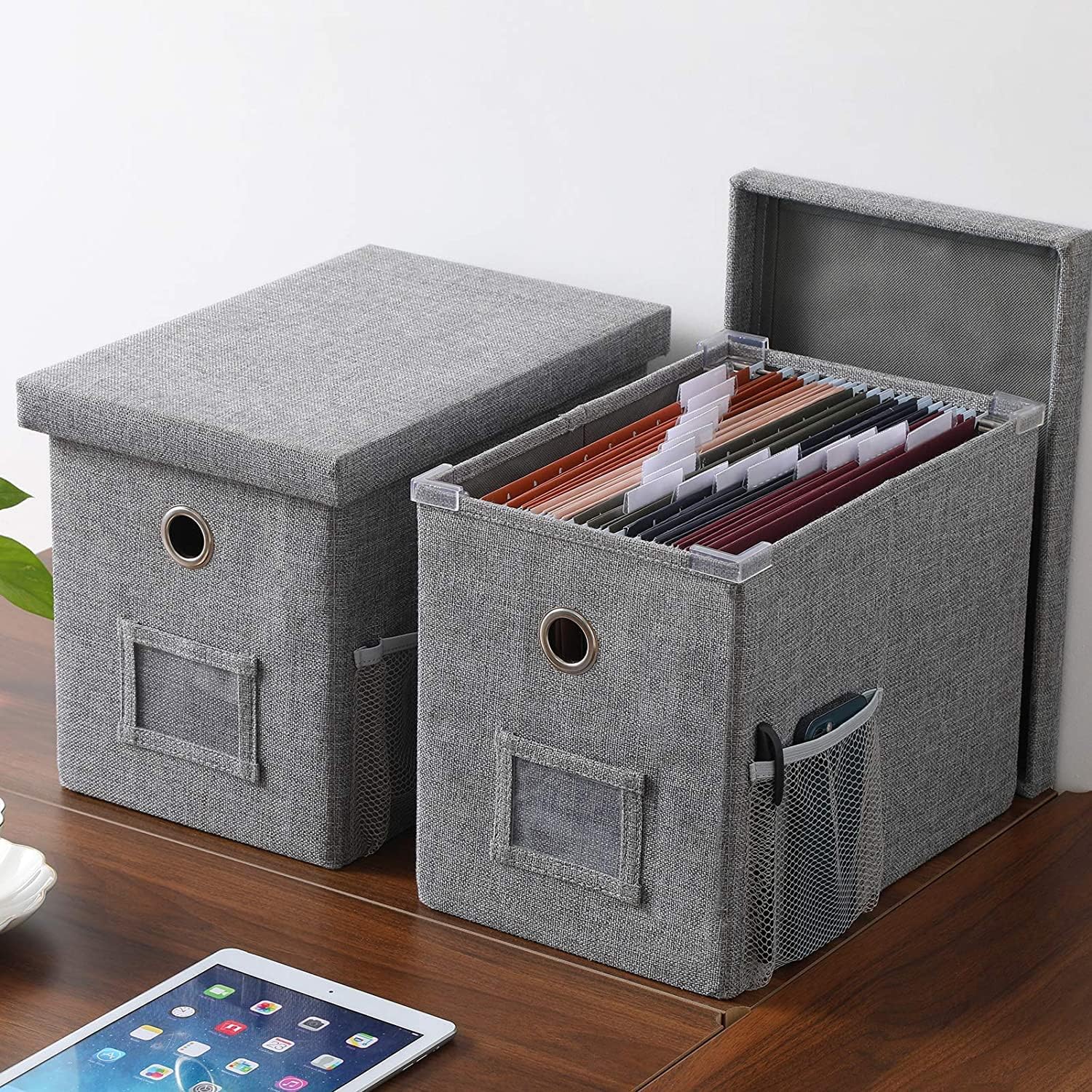 2-Pack Linen File Boxes Organizer with Smooth Sliding Rail with Lids for Letter Size Collapsible Hanging File Storage Organizer Storage Filing Bin (2, grey)