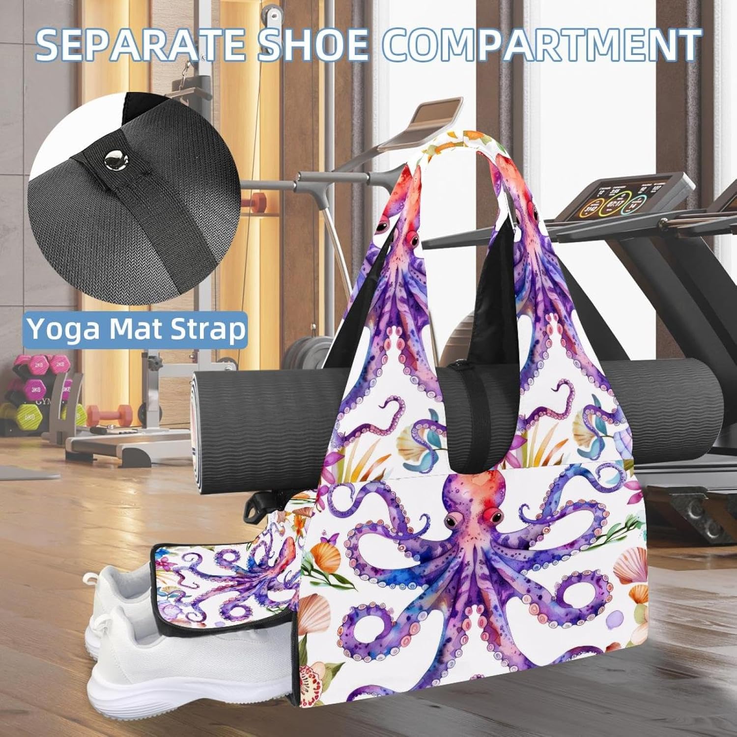 Gym Bag for Women, Underwater Octopus Sea Yoga Mat Bag with Shoe Compartment, Sport Yoga Gym Bag with Yoga Strap, Carryall Yoga Tote Bag