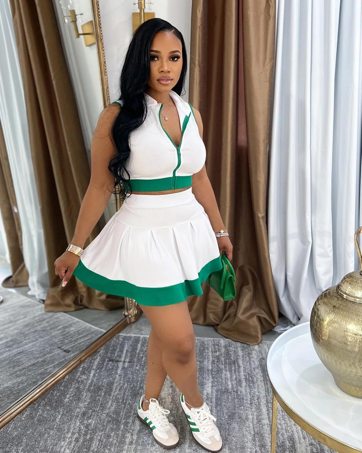 Doweha Summer 2 Piece Skirt Sets for Women Cute Going Out Patchwork Sleeveless Zipper Crop Tops Pleated Skirt with Shorts