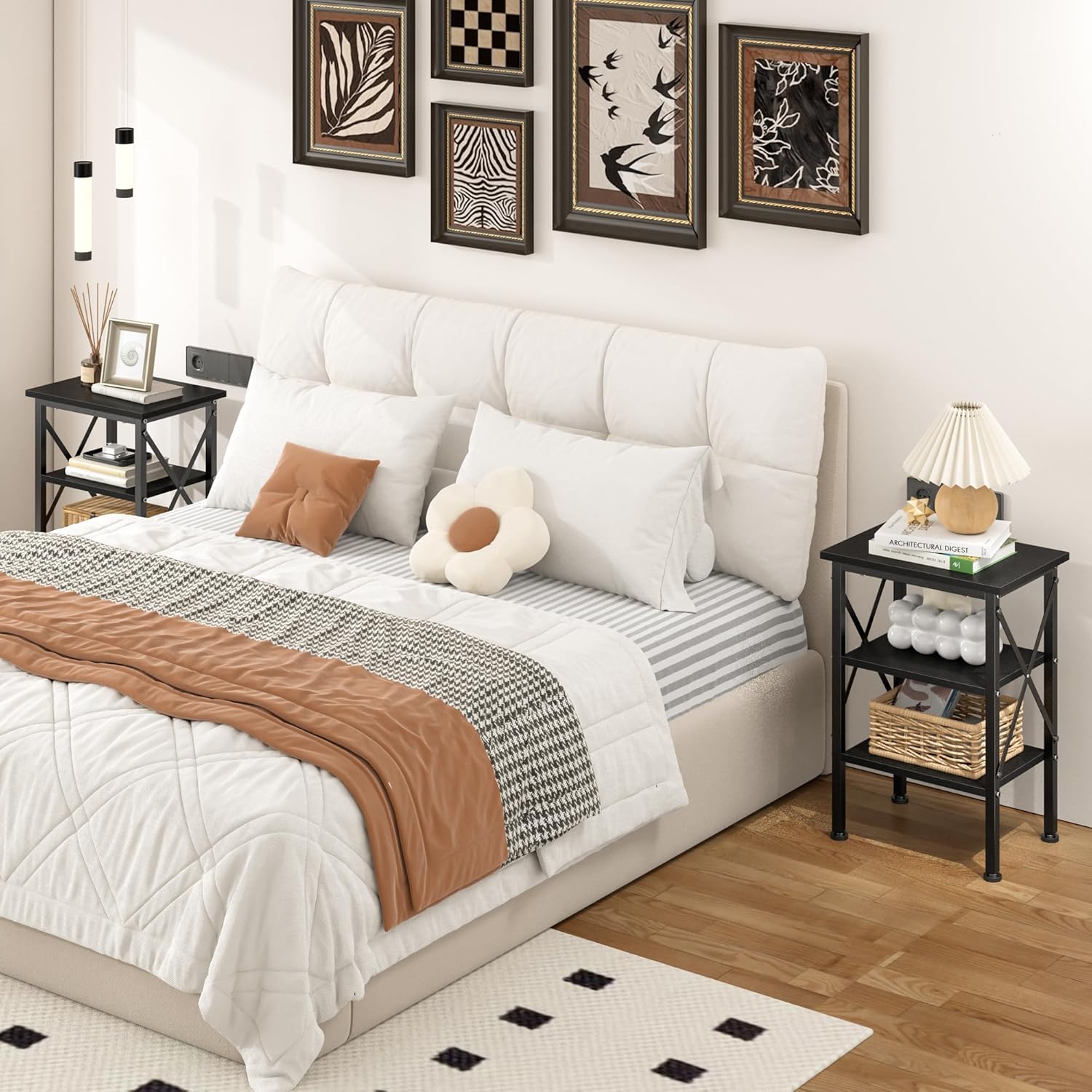 VECELO End Table, Bedside Table, 24" Tall Living Room End Tables, X-Design Reinforced Nightstands, Side Table with 3-Tier Storage Shelves for Small Spaces, Office, Bathroom, Bedroom, Classic Black