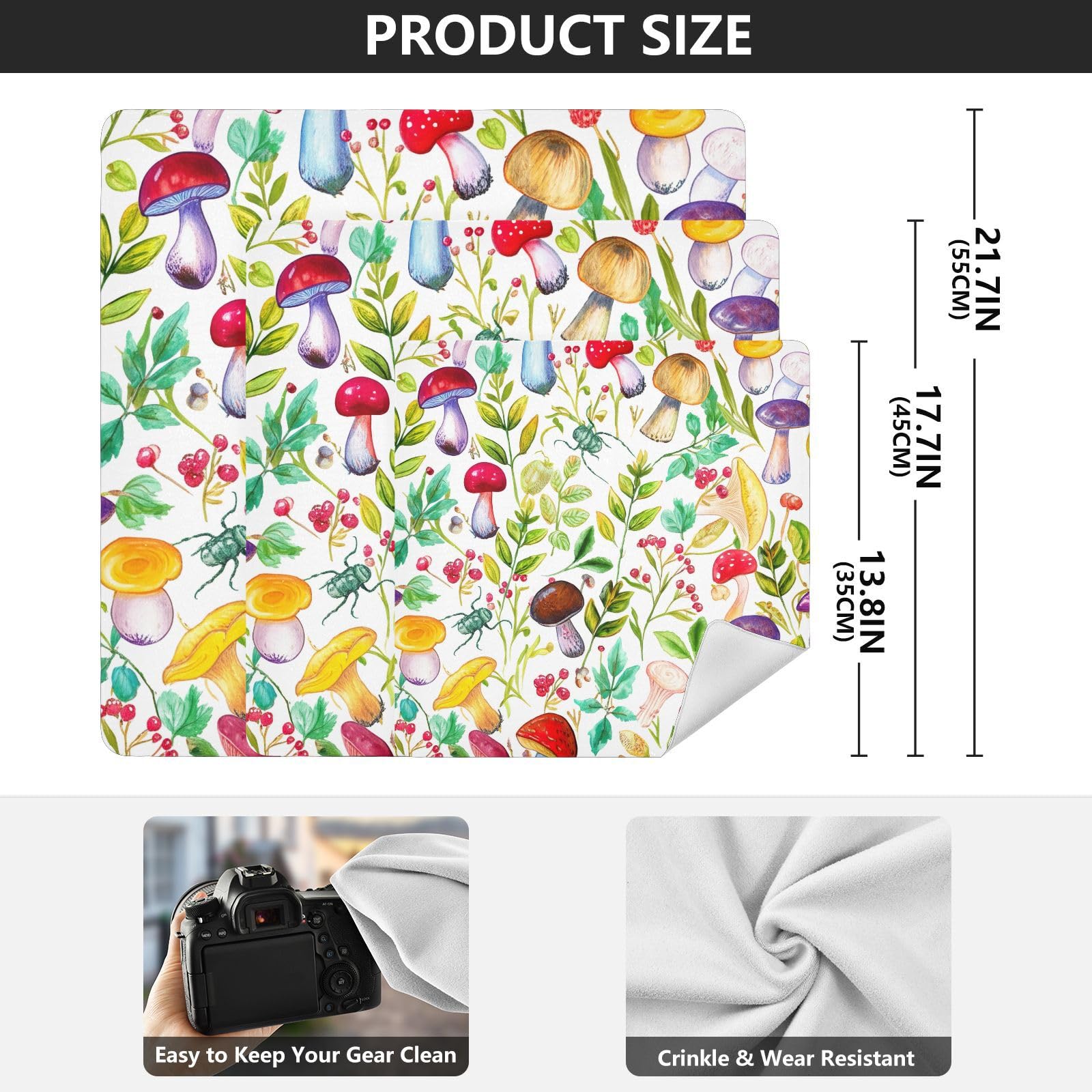 ODAWA Mushrooms Leaves Self-adhesive Cloth 21.7X21.7 Inch Magic Flexible Folding Self-Stick Makeup Bag Lightweight Foldable Wrapper for Camera Accessories