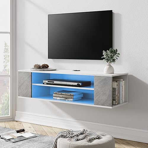 Miniatura 3 de WAMPAT Soporte flotante para TV con luces LED azules, estante montado en la pared, centro de entretenimiento, gabinete de TV flotante, consola Luces
