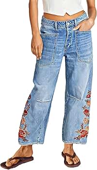 Flamingals Women's Mid Rise Straight Leg Raw Hem Embroidery
