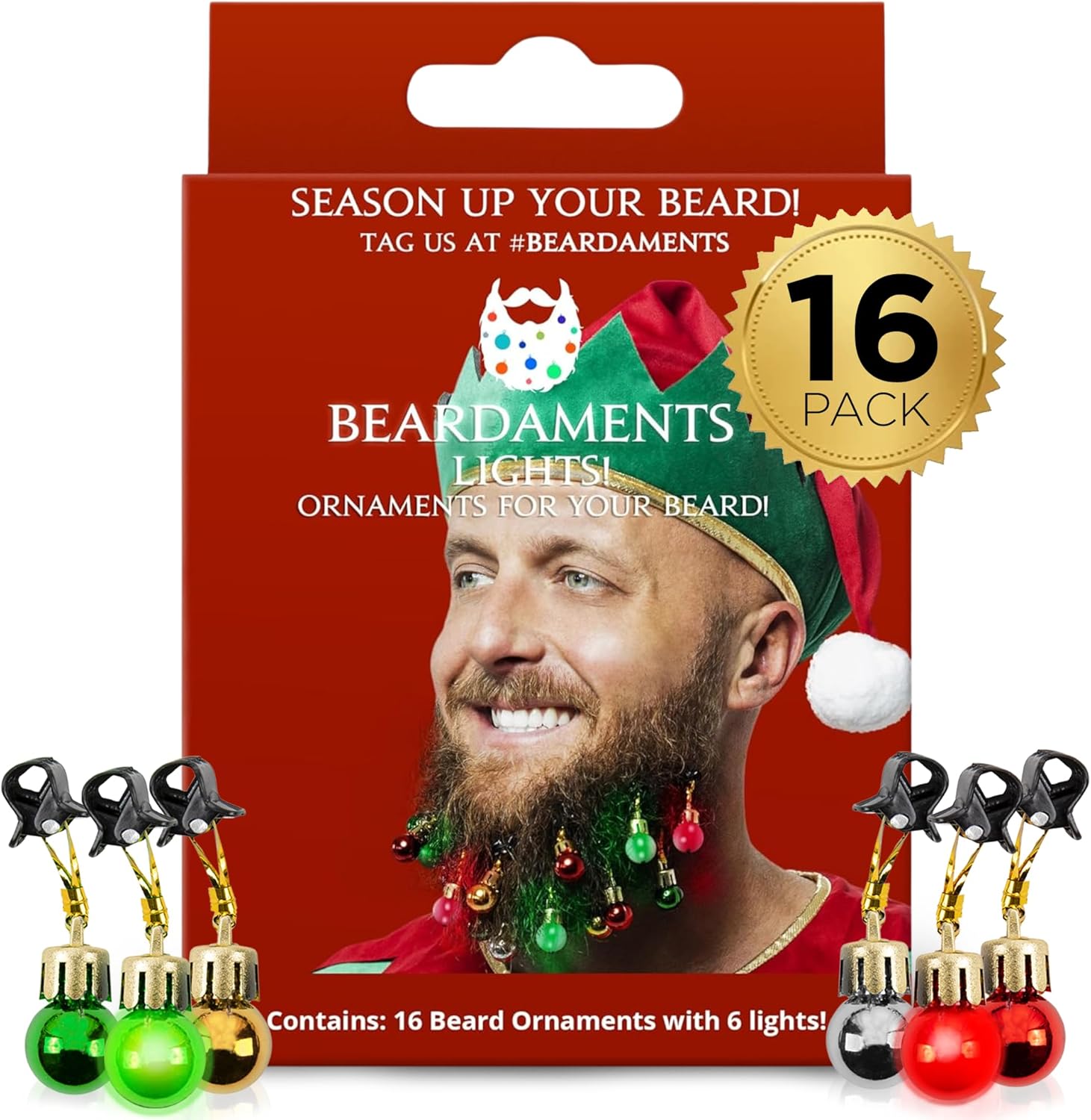 Beardaments Beard Lights - Light-Up Beard Ornaments for Men - Colorful Christmas Beard Baubles with Easy Clip Attachment - Funny Christmas Ornaments - 16pc