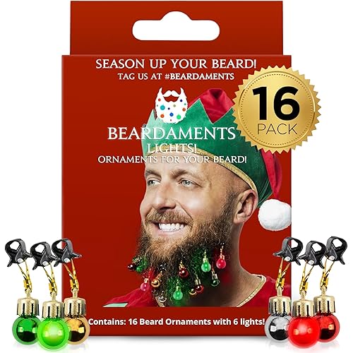 Beardaments Beard Lights - Light-Up Beard Ornaments for Men - Colorful Christmas Beard Baubles with Easy Clip Attachment - Funny Christmas Ornaments - 16pc
