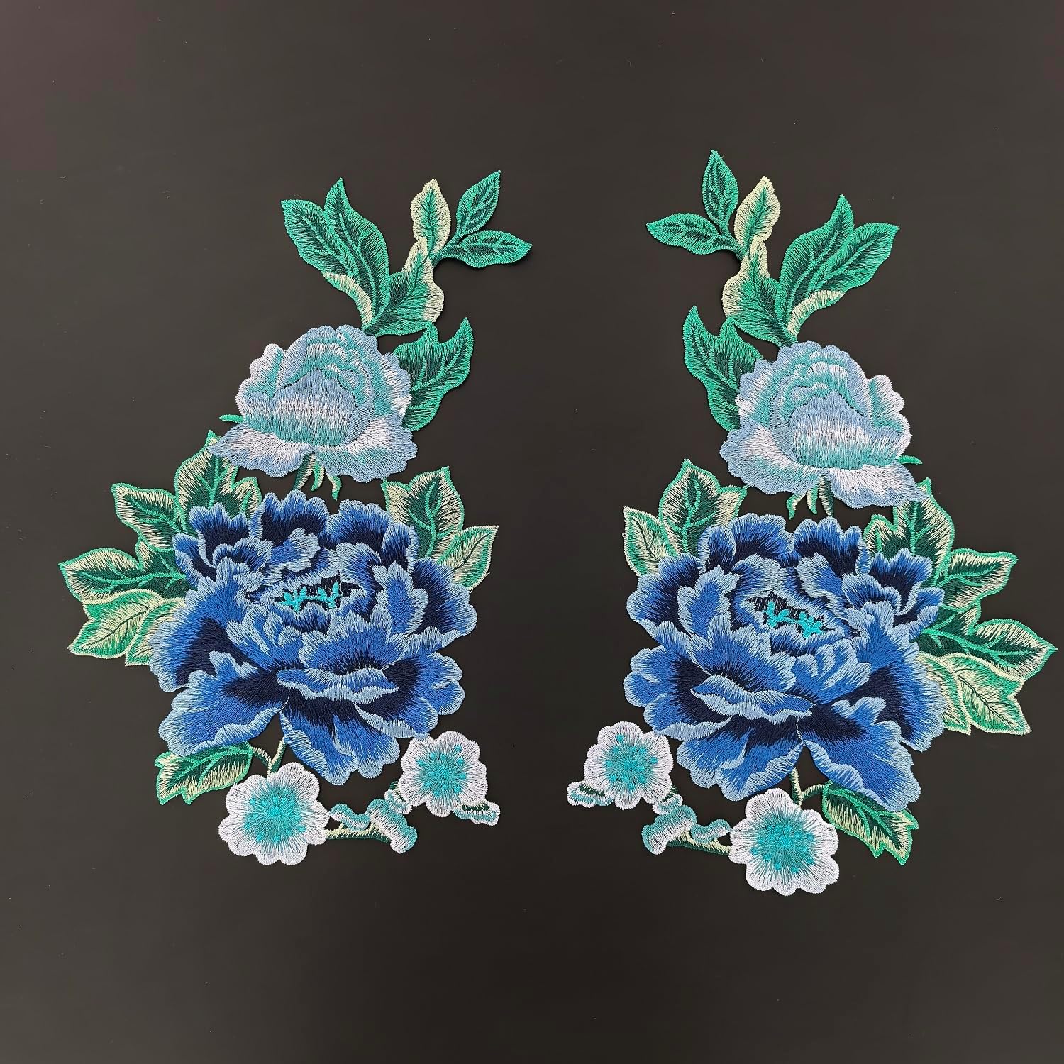 One Pair Floral Embroidered Appliques, Flower Patches for Sewing Craft Decoration, DIY Use on Clothes, Hats & Bags (Blue Peony)
