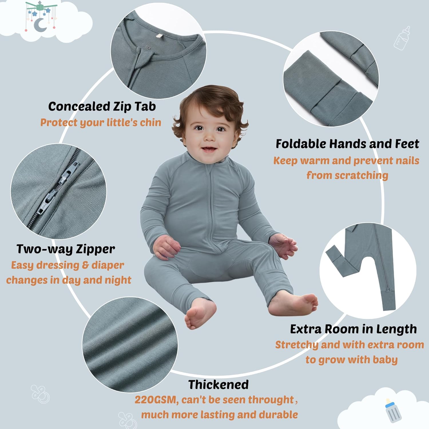 Ultra-Soft Convertible Baby Pajamas, Viscose from Bamboo, Sleepers for Boys & Girls Newborn to 24 Months, Zipper Footless PJs