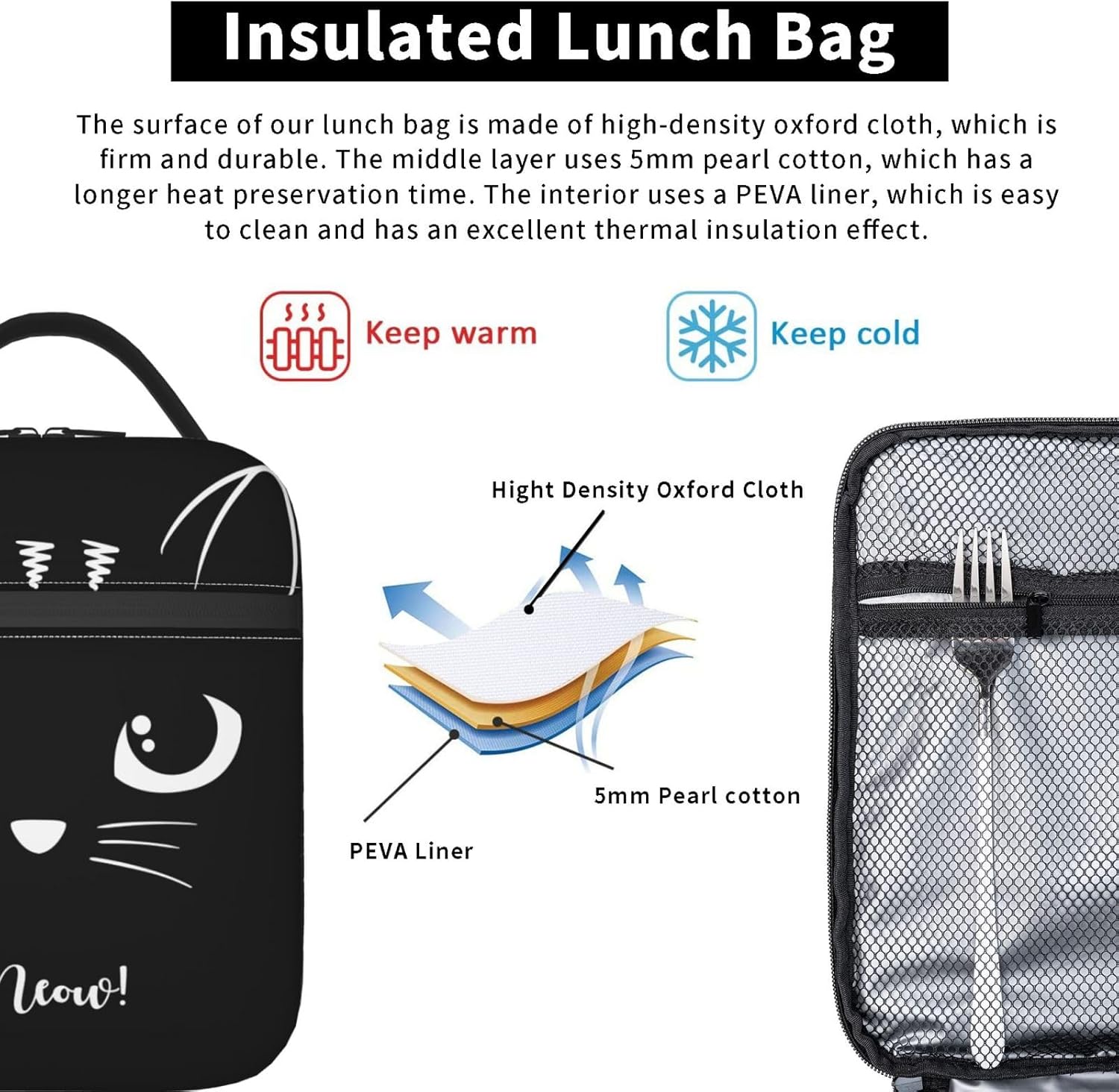 Black Cat Reusable Lunch Box Food Bag Insulated Lunch Bag for Teenage Boys Girls School Beach - Image 5