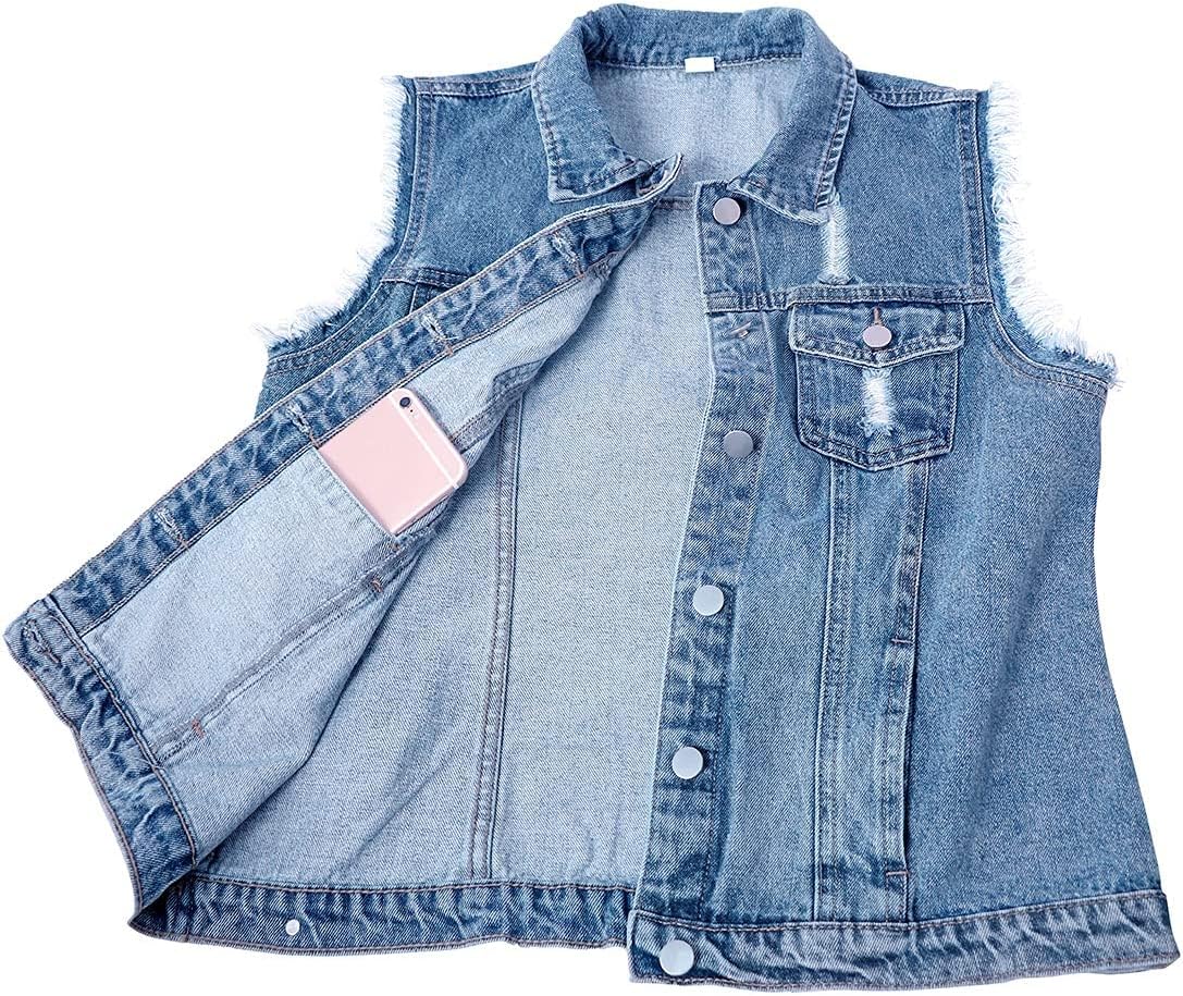 sysinside Women's Candy Color Slim Fit Distressed Denim Vest Frayed Raws Sleeveless Jacket