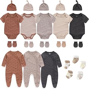 Ruliby New Born Clothes Cotton Baby Bodysuit Soft Romper and Accessories Layette Set 0-12 Months, 23-pack