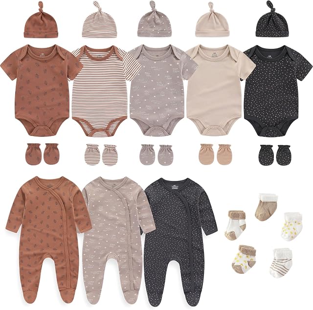 Ruliby New Born Clothes Cotton Baby Bodysuit Soft Romper and Accessories Layette Set 0-12 Months, 23-pack