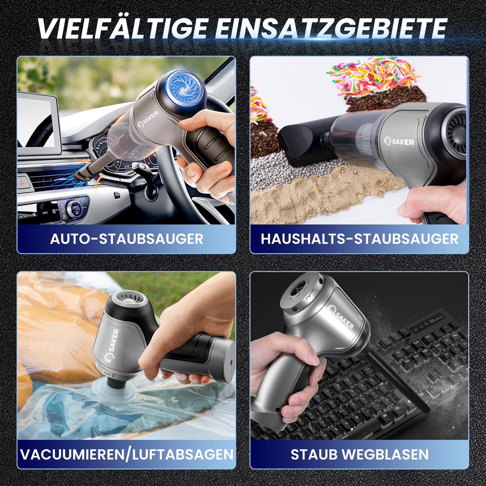 Saker Handstaubsauger Akku Kabellos, 3-in-1 Mini Staubsauger mit Blas und Vakuumfunktion, 15000Pa Starker Autostaubsauger, Handsauger für Auto, Zuhause und Tierhaare