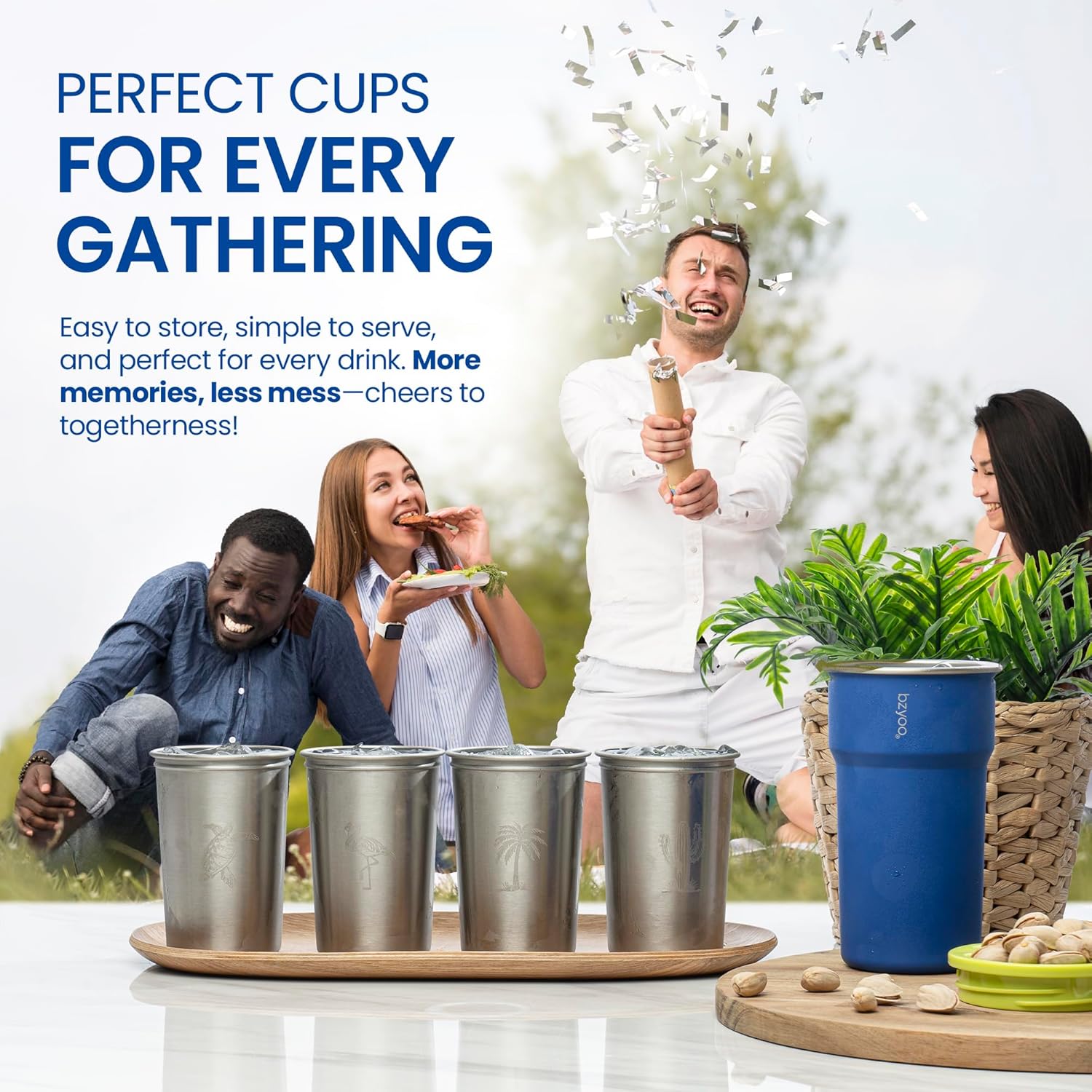 bzyoo 5-Piece Nesting Camping Cups Set - 9oz Stackable Stainless Steel Mugs with Patterned Designs & Integrated Carry Hook, Space-Saving Portable Outdoor Mess Kit for Family Hiking, Backpacking & RV