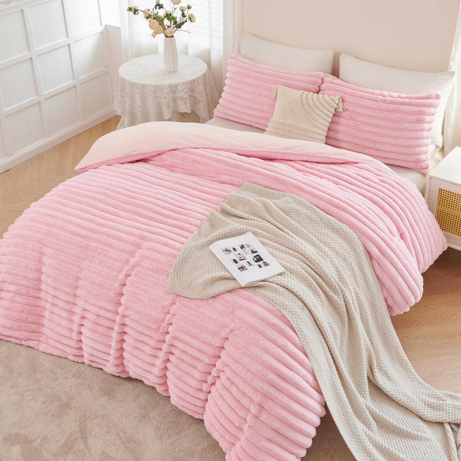 ANGIYUIN Pink Fluffy Duvet Cover Set Twin Size 3 Pieces Plush Shaggy Faux Fur Bedding Cover Set for Girls Kids Teens Furry Comforter Cover Set(Pink Twin)