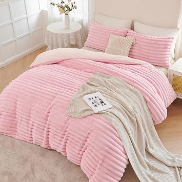 ANGIYUIN Pink Fluffy Duvet Cover Set Twin Size 3 Pieces Plush Shaggy Faux Fur Bedding Cover Set for Girls Kids Teens Furry Comforter Cover SetPink Twin