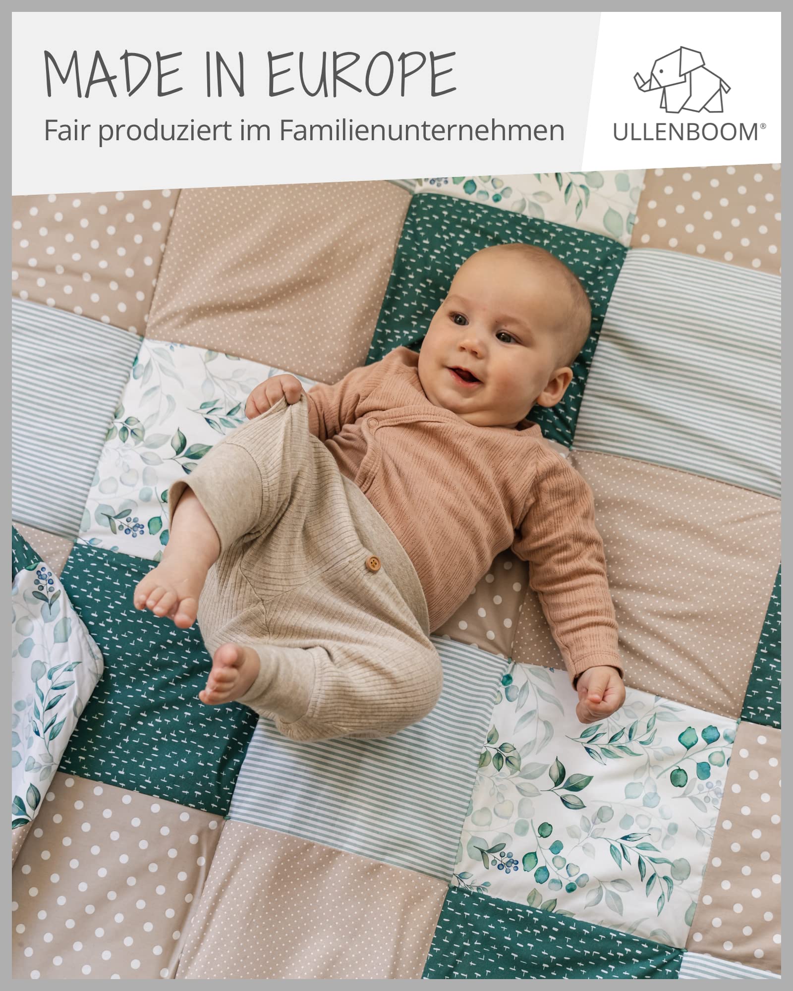 ULLENBOOM Krabbeldecke für Baby mit Personalisierung, 100% OEKO-TEX Materialien, Eukalyptus 100x100 cm - Babydecke mit Namen und Datum, ideal als Spieldecke und personalisiertes Geschenk zur Geburt
