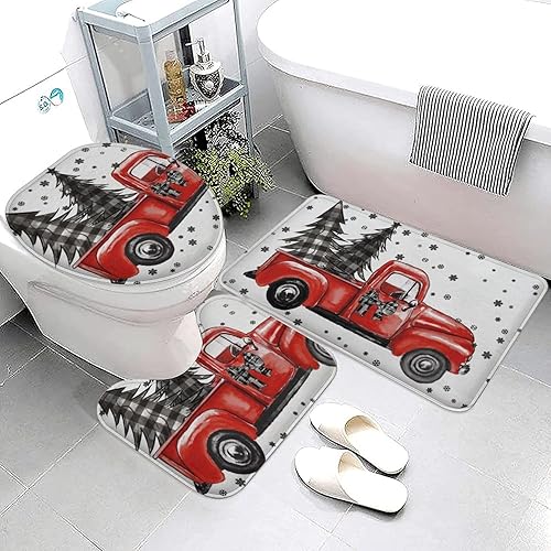 Miniatura 9 de Easternproject Juego de 3 alfombras de baño con diseño de Papá Noel favorito, diseño de copo de nieve rojo y blanco, decoración de invierno, tapete