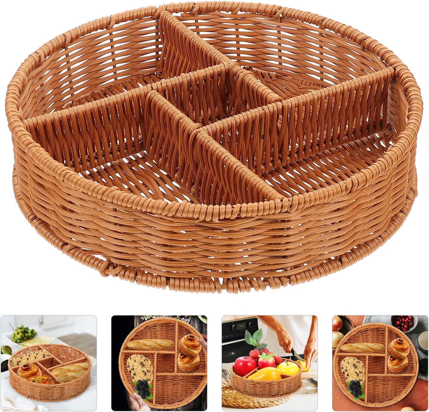 DOITOOL Utensil Caddy Rattan Serving Tray 5 Compartments Wicker Fruit Bread Basket Woven Ottoman Tray Rustic Cupcake Snack Candy Serving Platter for Appetizer Vegetable Storage Seagrass Basket
