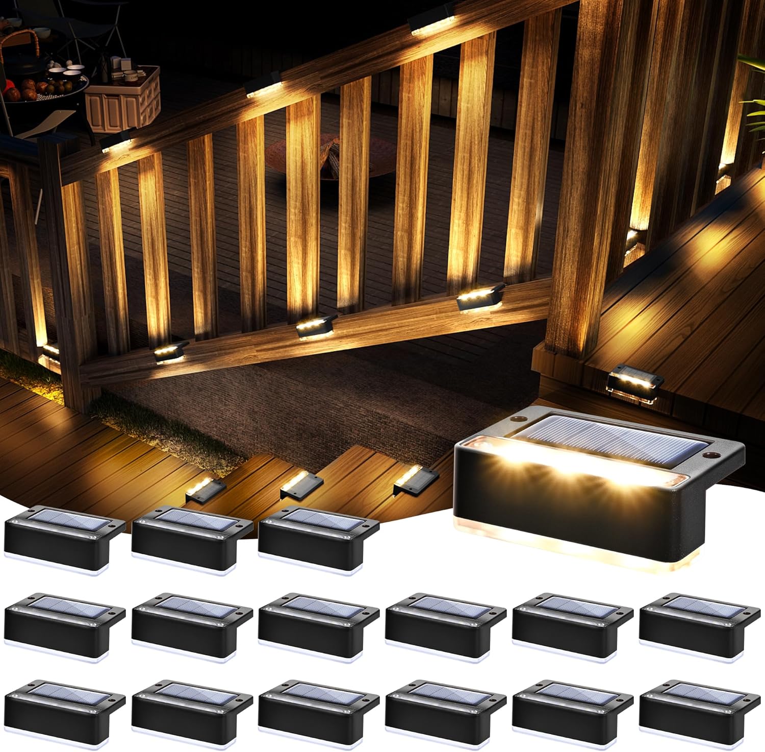 SOLPEX Solar Fence Lights, Solar Deck Lights Outdoor Waterproof Solar Powered for Step, Stair, Balcony,Front Porch,Garden, Walkway,Yard, Patio Decor, IP65 Waterproof (16 Pack, Warm White) 6 LEDs