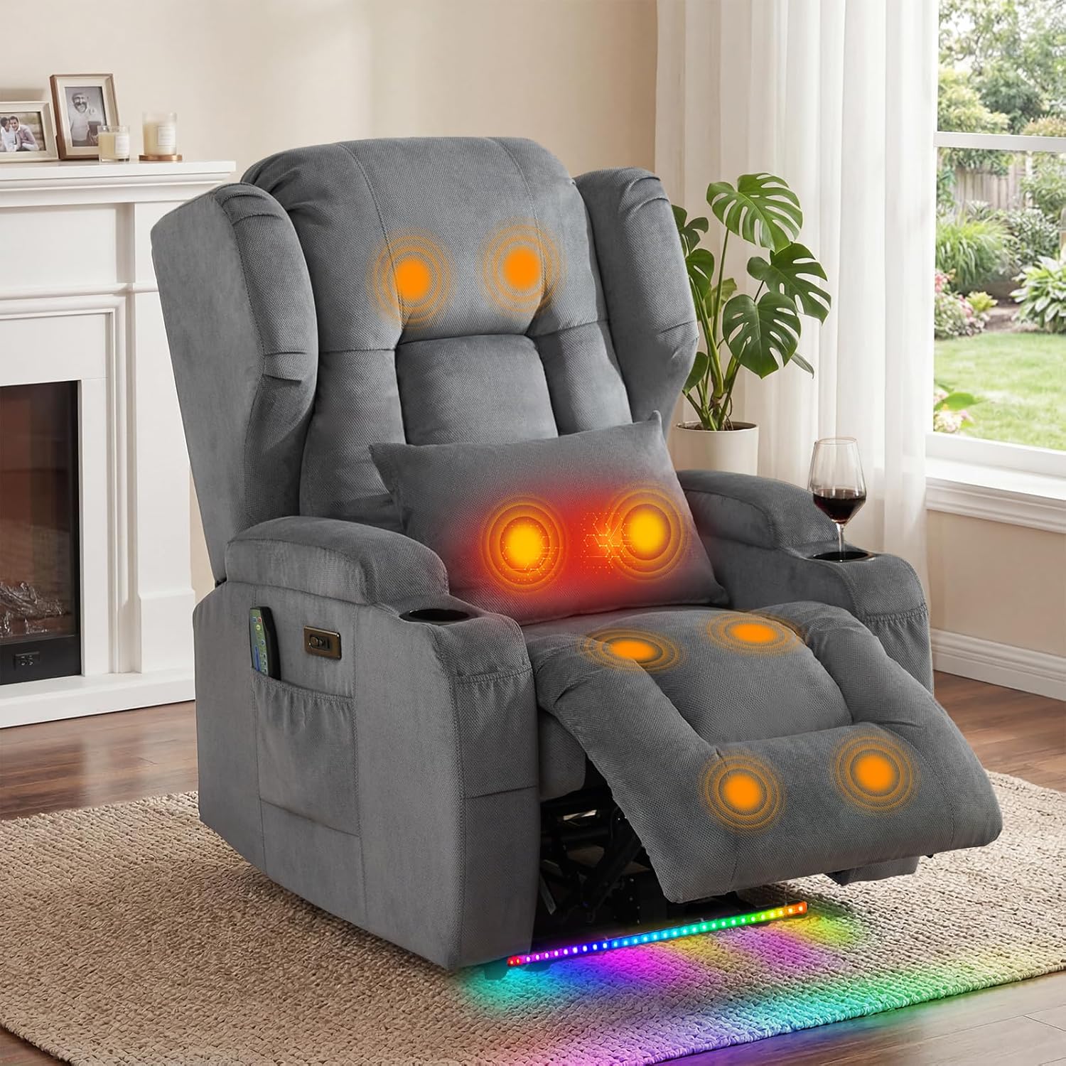 SAMERY Power Recliner Chair, Electric Wall Hugger Recliners with Massage & Heat, Comfy Reclining Sleeper Chair Movie Sofa Home Theater Seat with Cup Holders/USB Port/LED Light/Lumbar Pillow/Remote