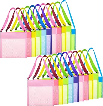 Jexine 50 Pack Kids Mesh Beach Bag Bulk Colorful Shell Collecting Bags Nylon Sand Toys Totes with Adjustable Straps Rock Collecting Bag for Holding Beach Toys Children Toys Market Picnic Classic