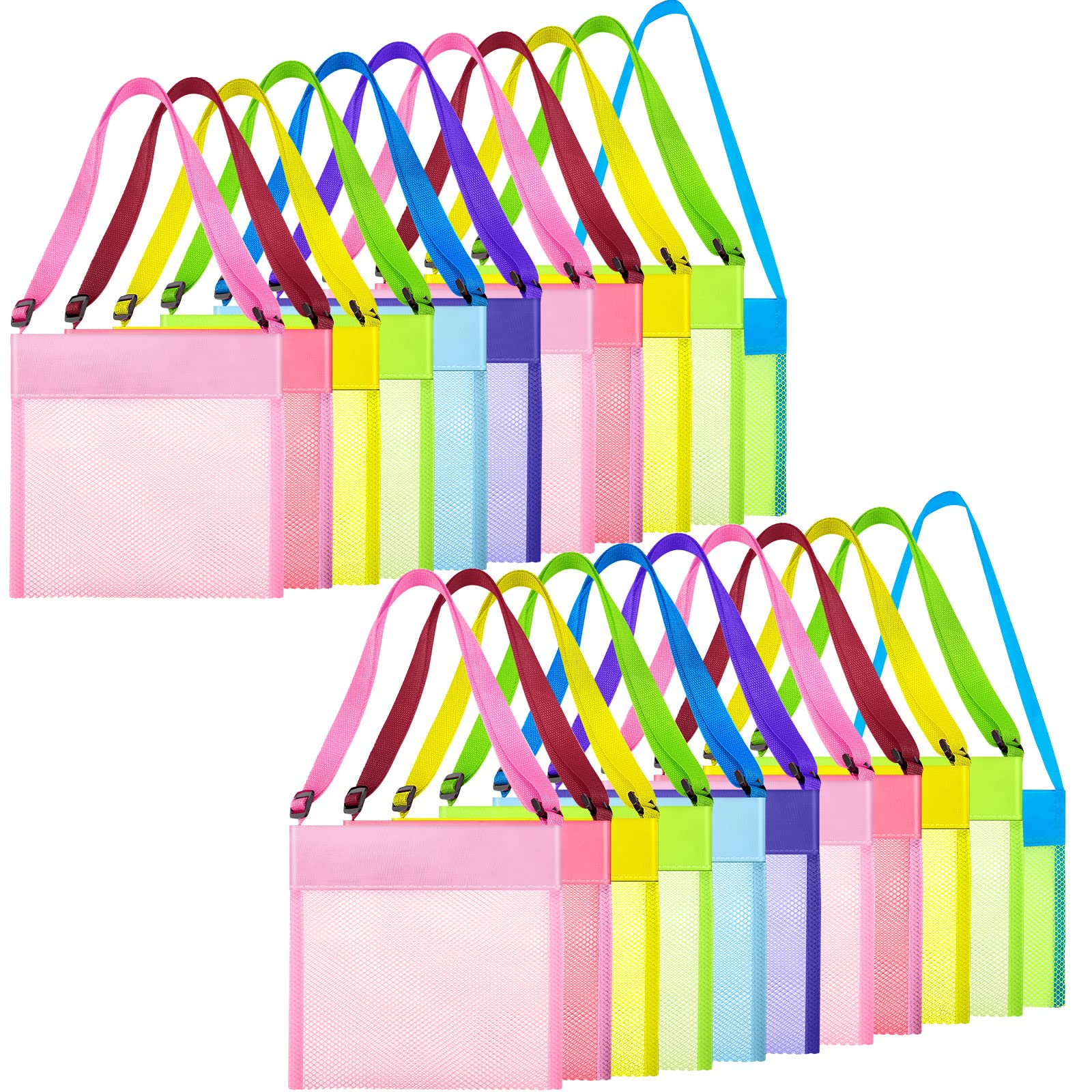 Saintrygo 30 Set Mesh Beach Bag Bulk Colorful Seashell Collecting Shell Bag Adjustable Carrying Strap Bags for Kids
