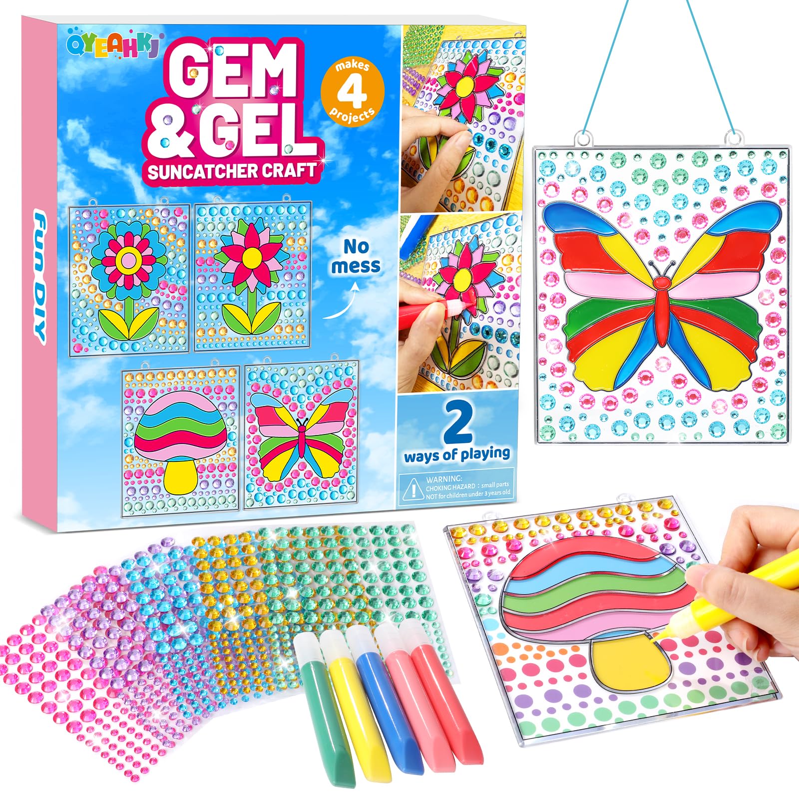 Qyeahkj Window Art,2-in-1 Gems and Gels Suncatcher, Craft for to Play Flower Butterfly Diamond Art Crafts DIY Toys for,Christmas Birthday Gifts Home