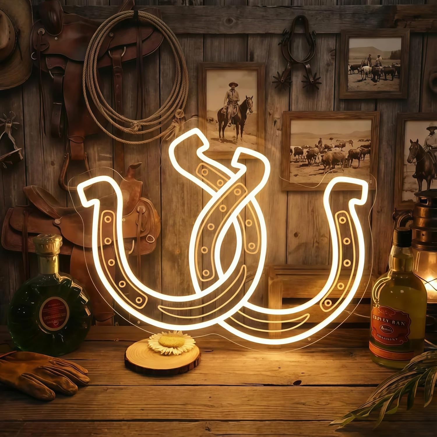 Double Horseshoe Neon Sign – 16" x 13" Warm White Lucky Horseshoe LED Light for Bedroom, Living Room, Bar, Game Room, Farmhouse, Ranch, Western Decor