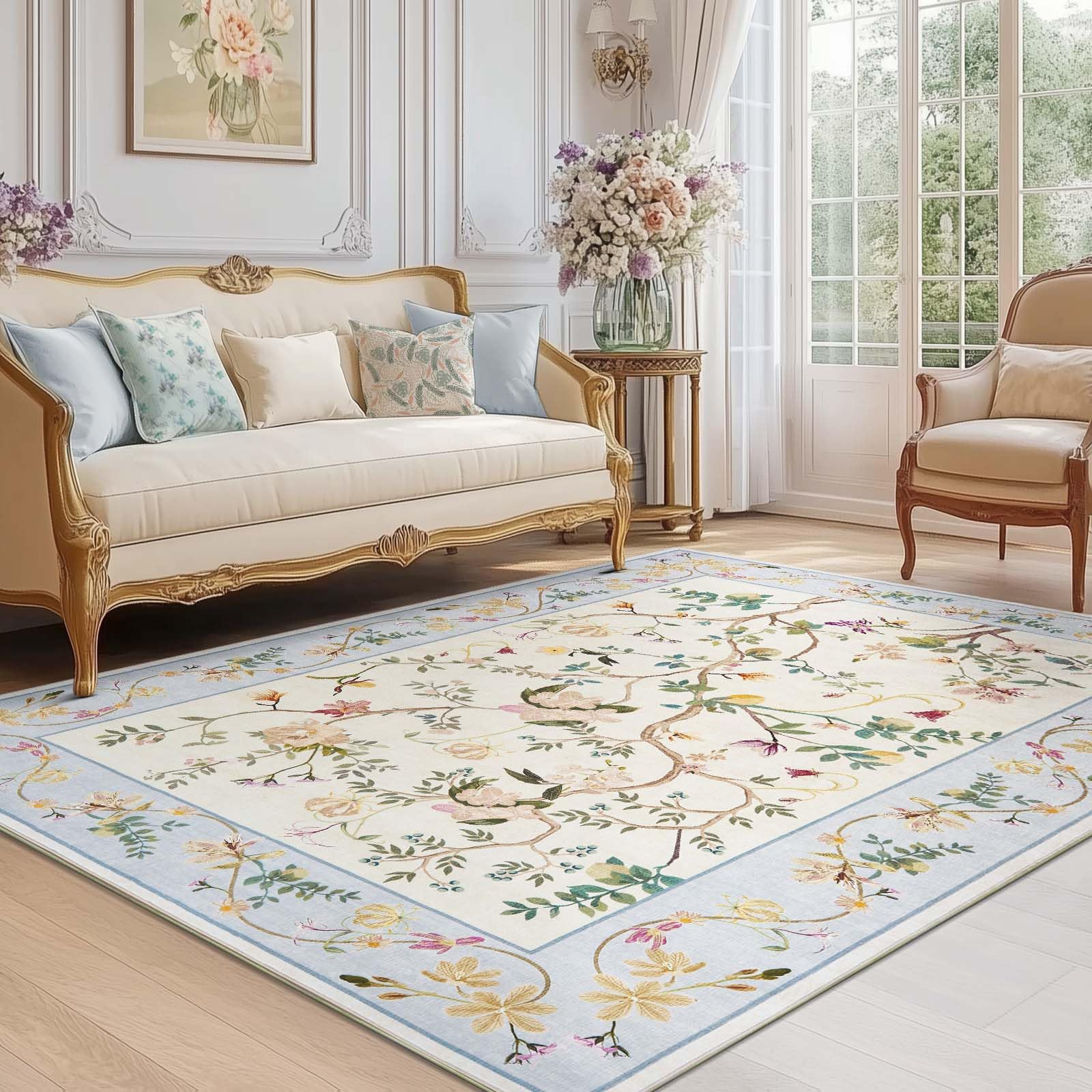jinchan Floraison Soft Floral 4x6 Rug Machine Washable Area Rugs Non Slip Chinoiserie Oriental Mat Low Pile Flowers Carpet for Living Room Bedroom