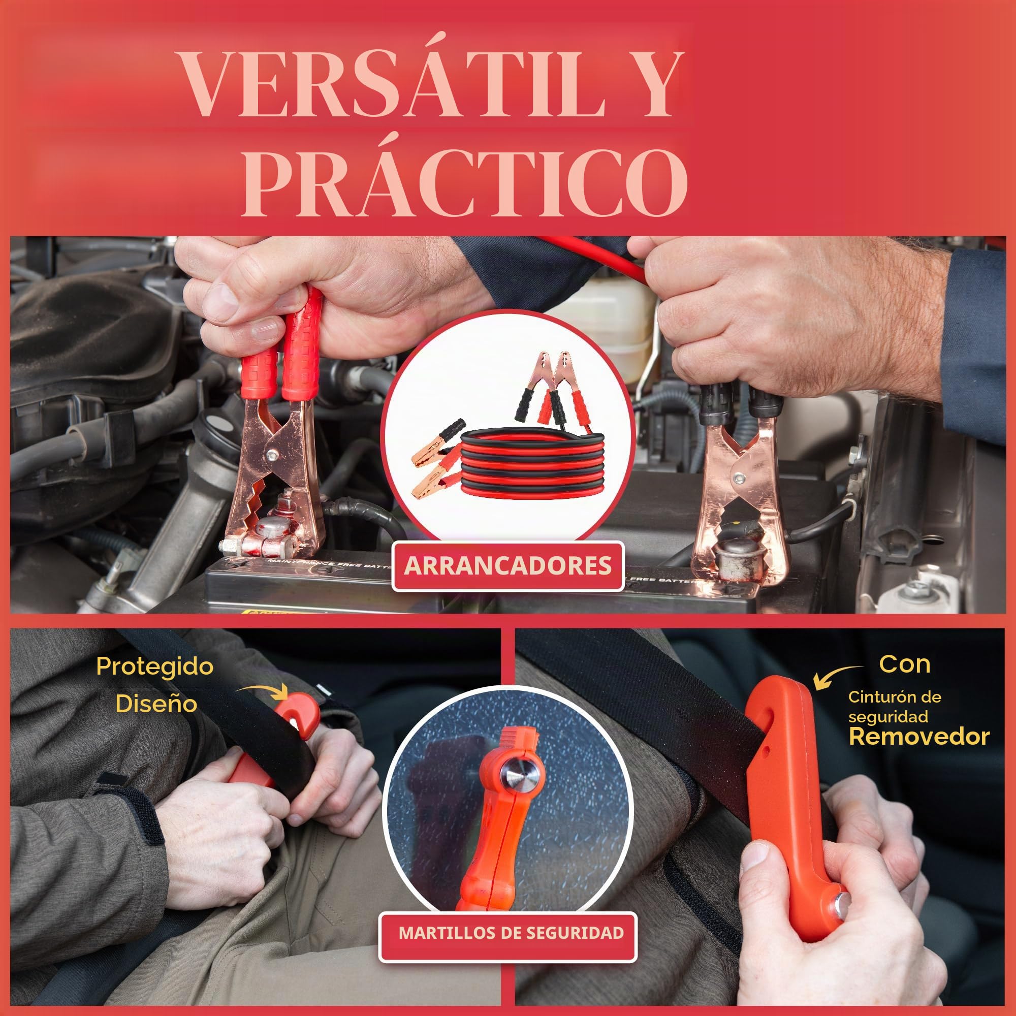 GADLANE Kit de emergencia para avería de coche - Gran kit de emergencia en carretera con triángulo de advertencia, cables de puente, cuerda de remolque, botiquín de primeros auxilios, martillo de