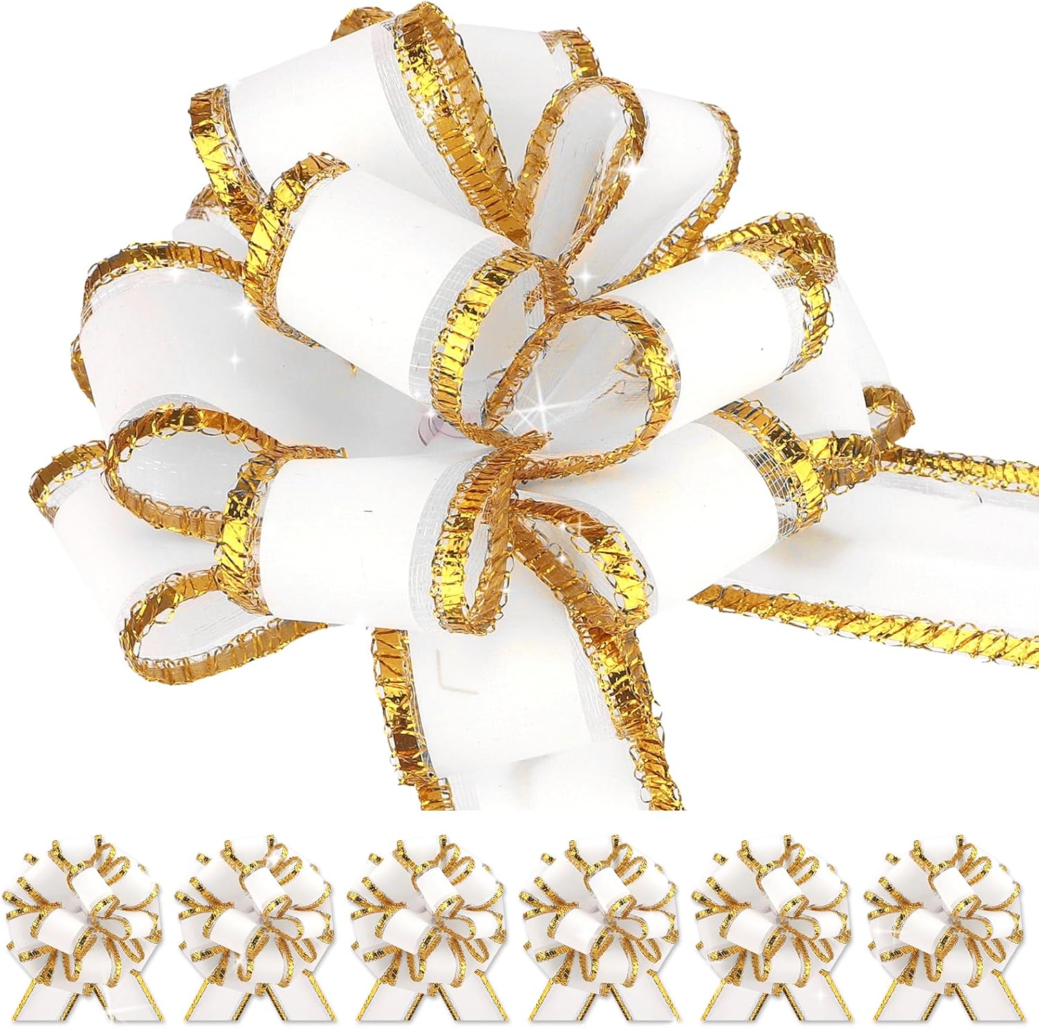 6 pcs White Gift Bow Pull Bows for Gift Warpping Christmas Party Birthday Wedding Metallic Bows for Present Bikes Anniversary Boxes Flower Decorations Valentine's Day (White-DD) - Image 2