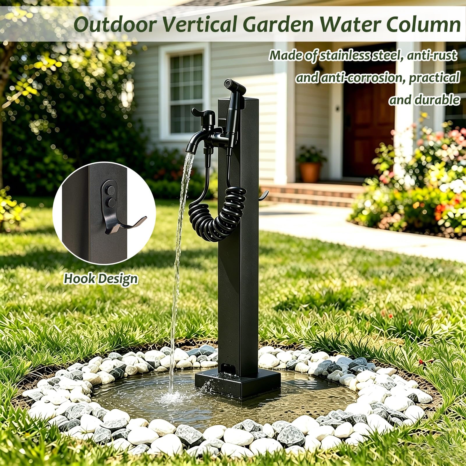 Grifo independiente exterior, columna de agua montada en el piso con soporte para manguera, grifo de jardín vertical negro hidrante de patio anticongelante para lavado de riego(B,Height: 60cm/23.6in)