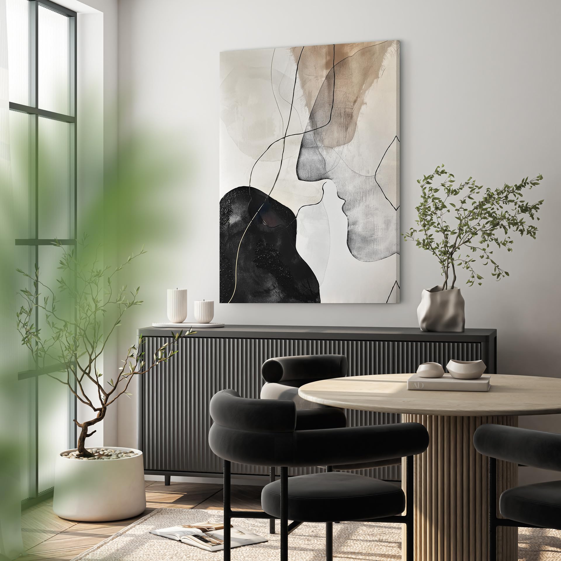 STYLER Quadro su tela Kiss 70 x 100 cm - Disegno di linee astratte in tonalità beige, nere e naturali - Moderna tela dipinta a mano della collezione Whispers of Form