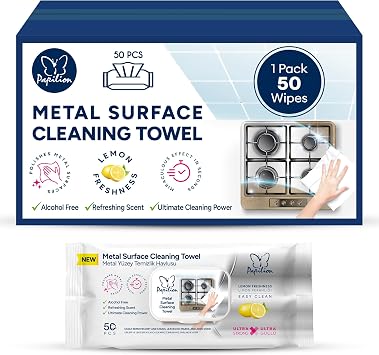 PAPILION Metal Surface Cleaning Wipes 50 Sheets | Ideal for Stainless Steel, Chrome & Aluminum | Removes Dirt, Smudges & Fingerprints | Streak-Free, Flip-Top Pack