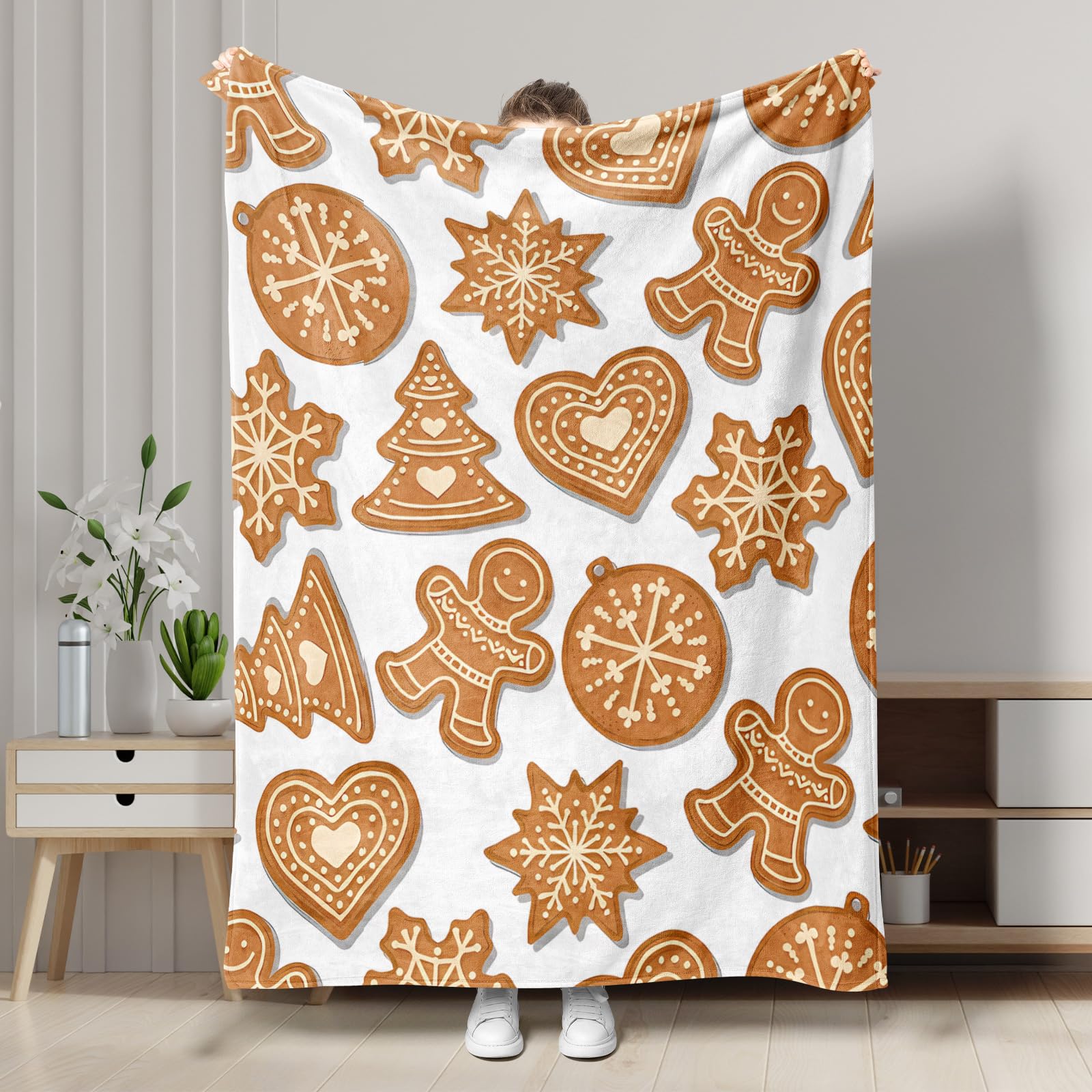 Gingerbread Cookies Blanket, Brown Festive Holiday Decor Throw Blanket, Cozy Soft Fleece for Winter Christmas, Camping, Travel, All Seasons 50x60 Inch
