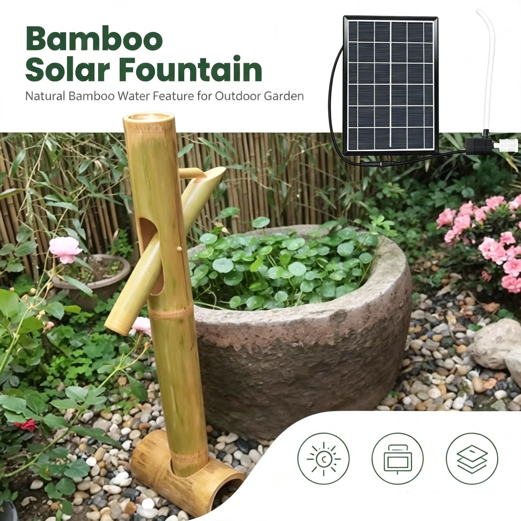 Fontana a bilanciere tradizionale giapponese, kit fontana solare in bambù | Con pompa 'acqua solare, fontana Zen da esterno for giardino, patio o cortile