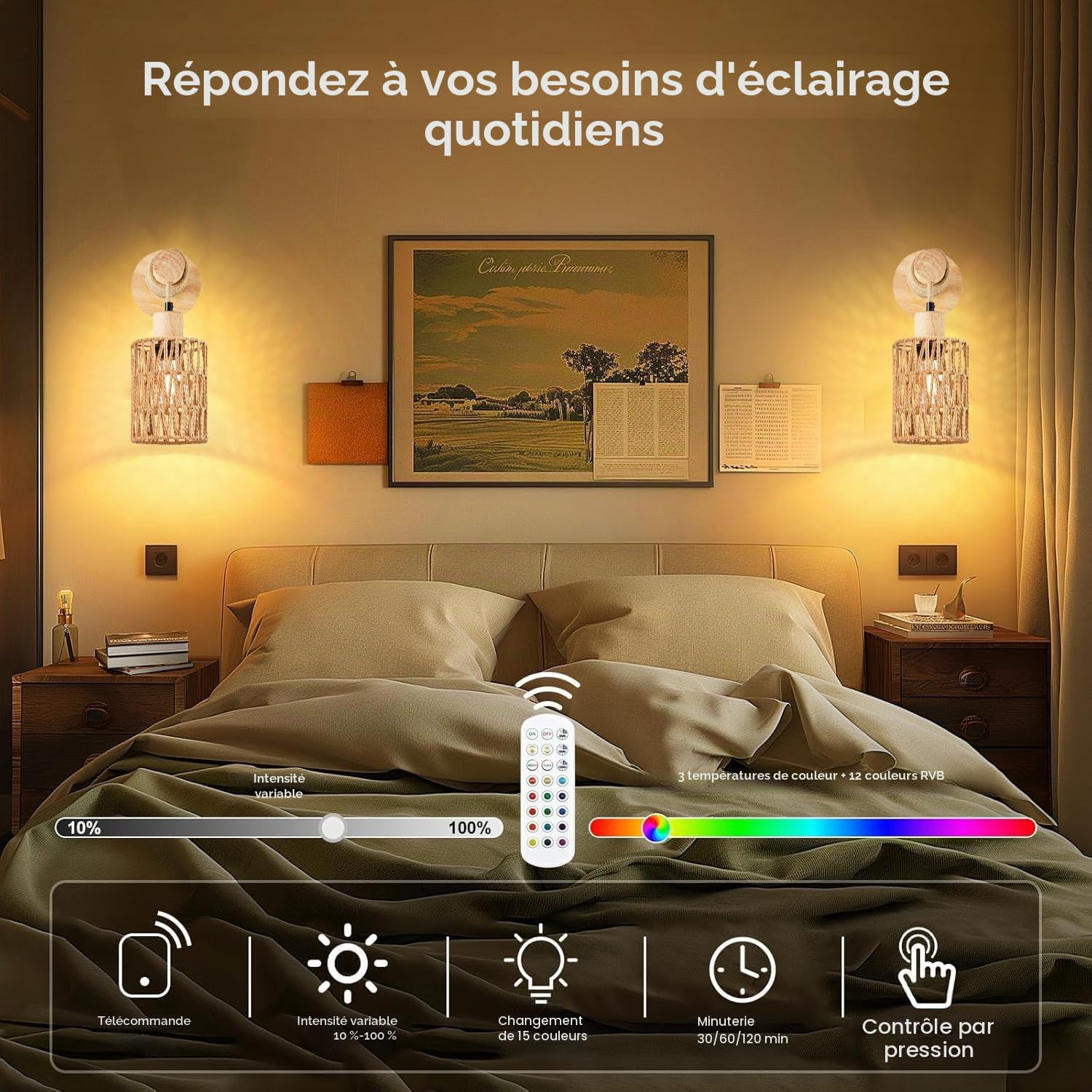 Lot de 2 Applique Murale Interieure E27 Lampe Murale Sans Fil Rechargeable USB avec Télécommande Bois Vintage Lampe Murale RGB Applique Lampes Bohème Rotin Pour Chambre Chevet Couloir Salon