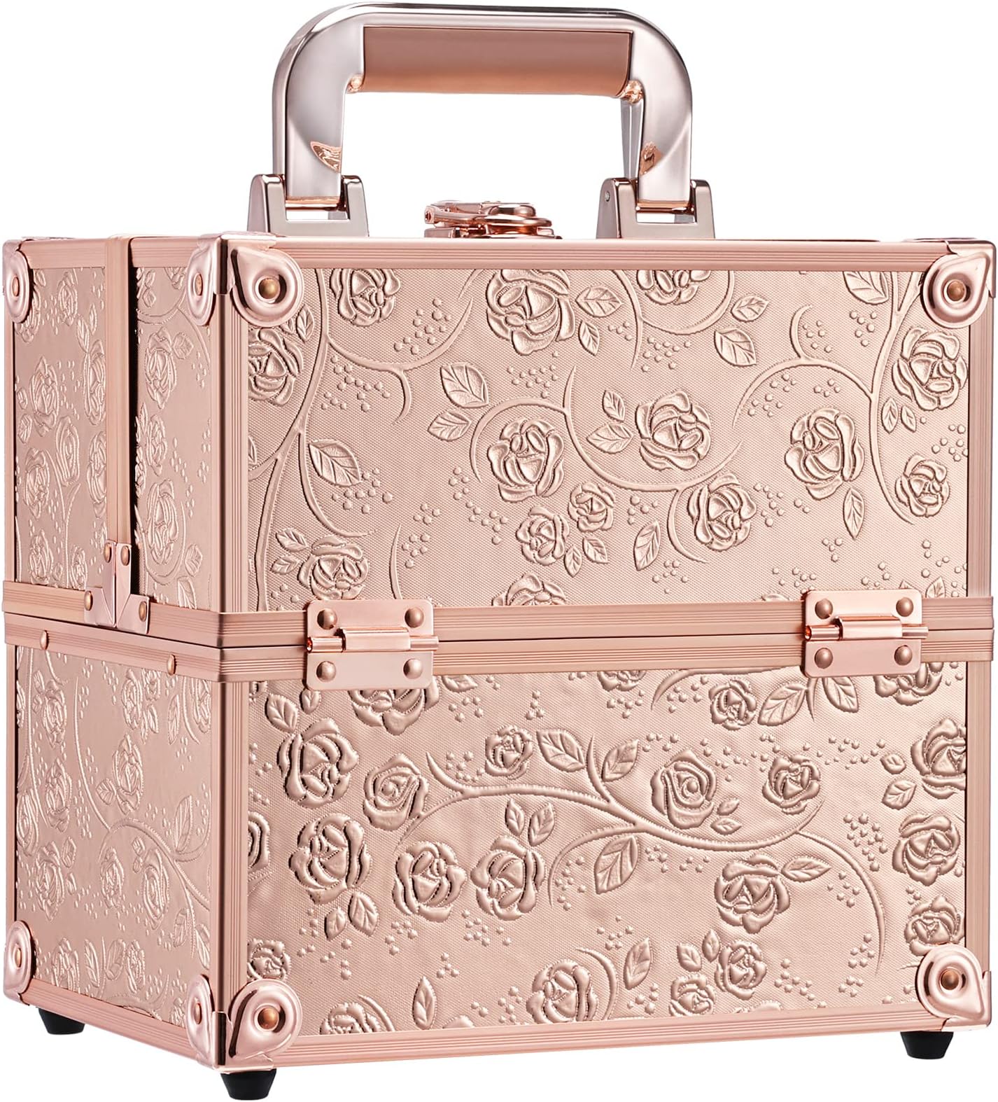 Frenessa Makeup Train Case Cosmetic Box Portable Makeup Case Organizer 4 Trays Travel Case Storage with Dividers Lockable for Makeup Artist, Crafter, Makeup Tools Rose Gold Floral