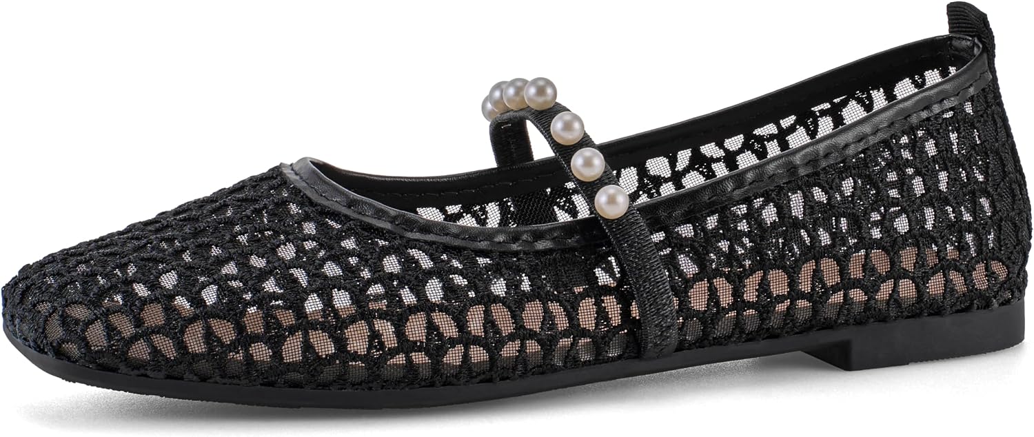 Woven Mary Jane Flats for Women with Memory Foam Insole, Comfortable Mesh Ballet Flats, 1.4-Inch Inner Lift, Fold-Down Heel