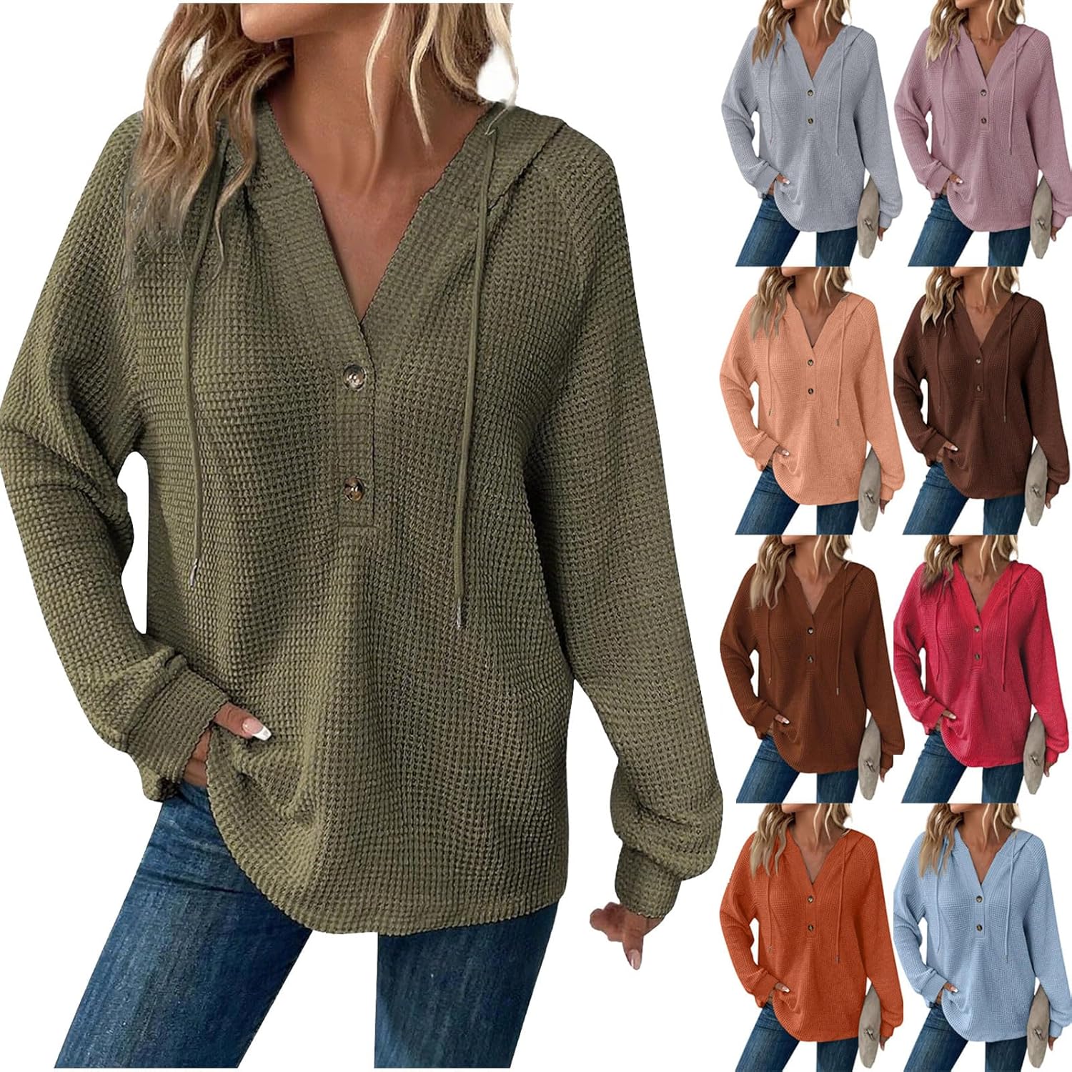 Hoodies for Women Waffle Knit Drawstring Comfy V Neck Pullover Henley Sweatshirt Casual Hooded Tops Outfits 2025 New