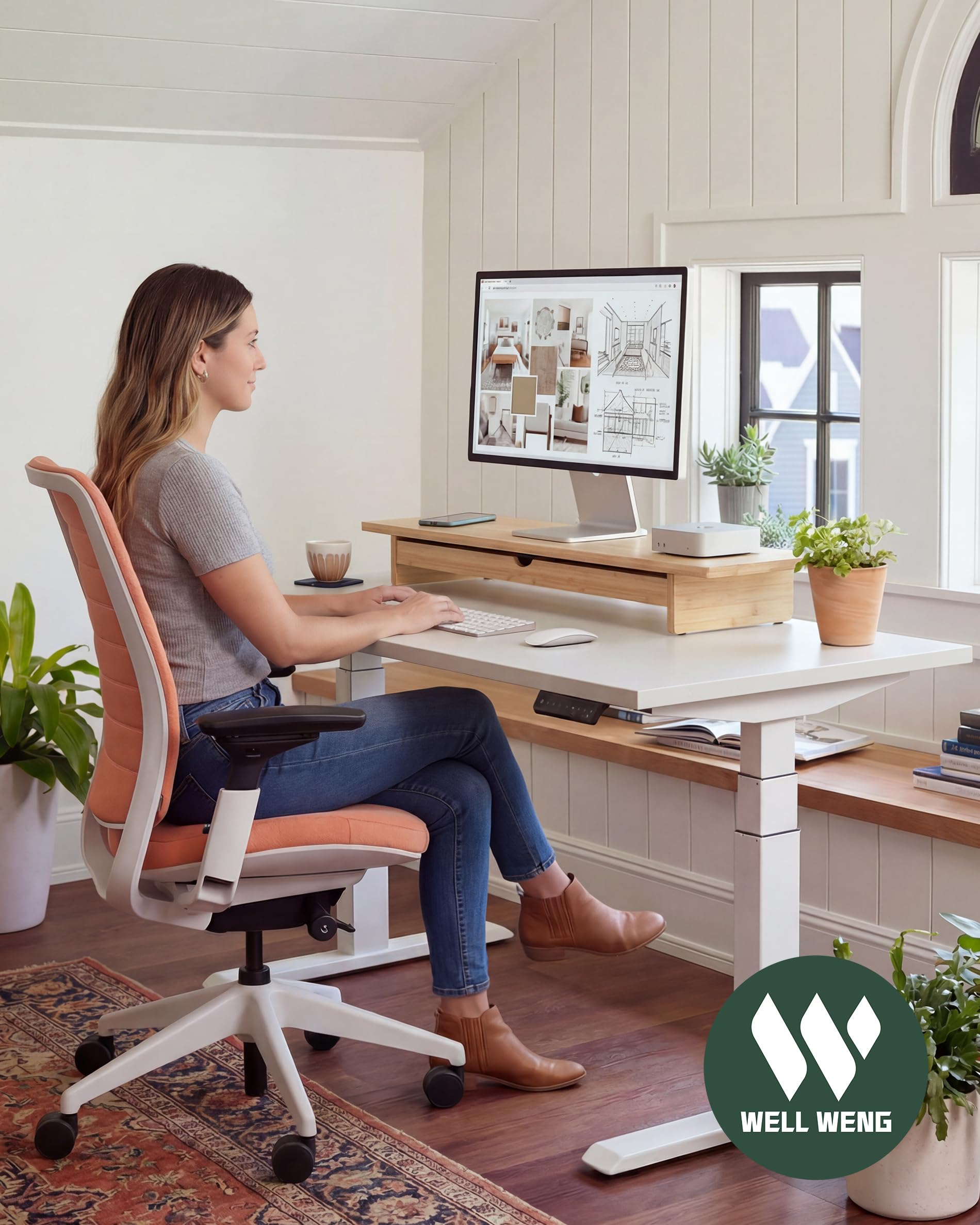 WELL WENG Bambus Monitorständer mit groß Schublade Bildschirmständer , 107x23,5x11 cm,Monitorerhöhung ergonomischer Bildschirmerhöhung schreibtisch mit Platz für die Tastatur, Naturbambus
