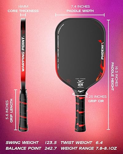 Miniatura 3 de Warping Point Tina Pisnik Phoenix Pickleball Paddle, aprobada por la UPA-A, fibra de carbono T700 cruda, sistema PowerDrive de 0.63 pulgadas y 0.51