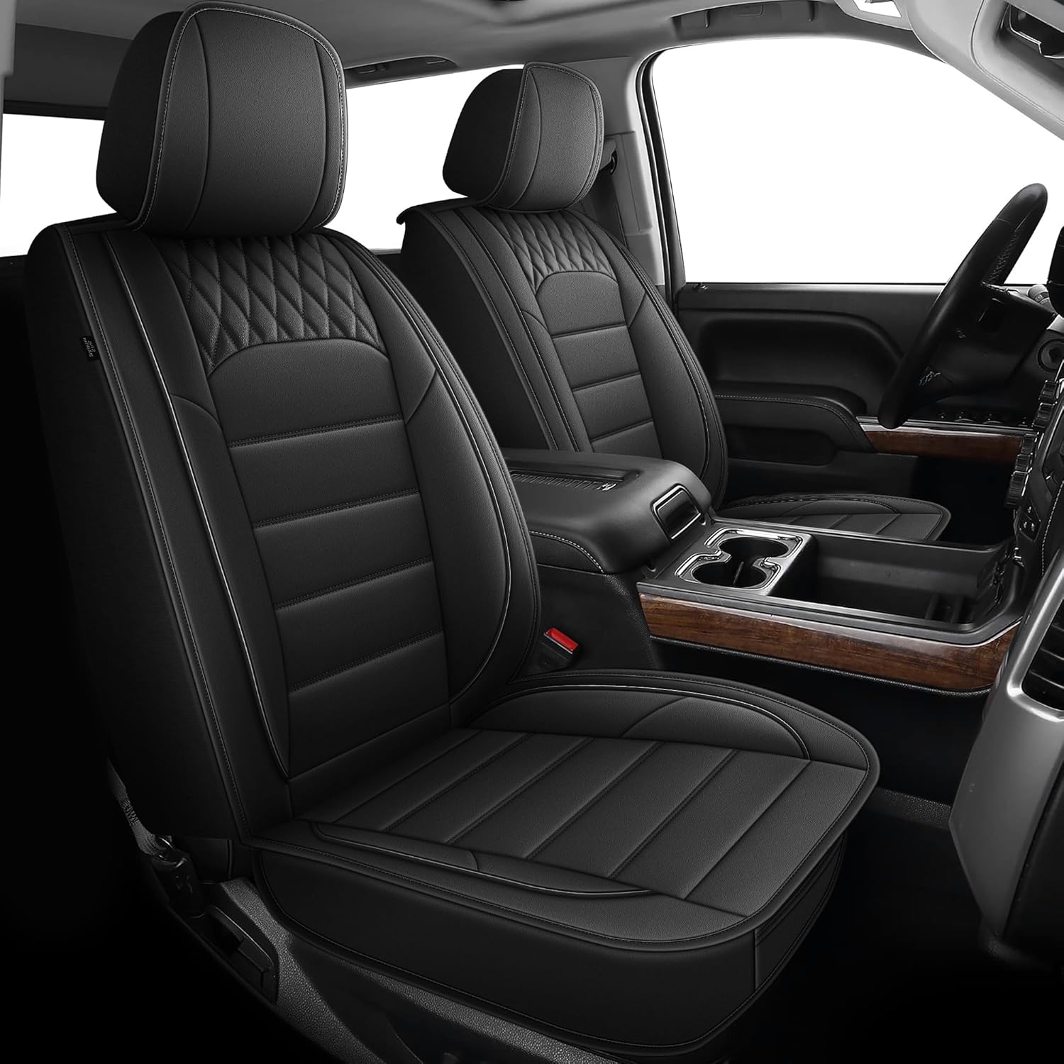 for Chevy Silverado 2007-2025 2026 Seat Covers & GMC Sierra 1500HD 2500HD 3500HD 2007-2026 Trail Boss Z71 Seat Cushion Cover with Faux Leather (2 Front Set, Black)