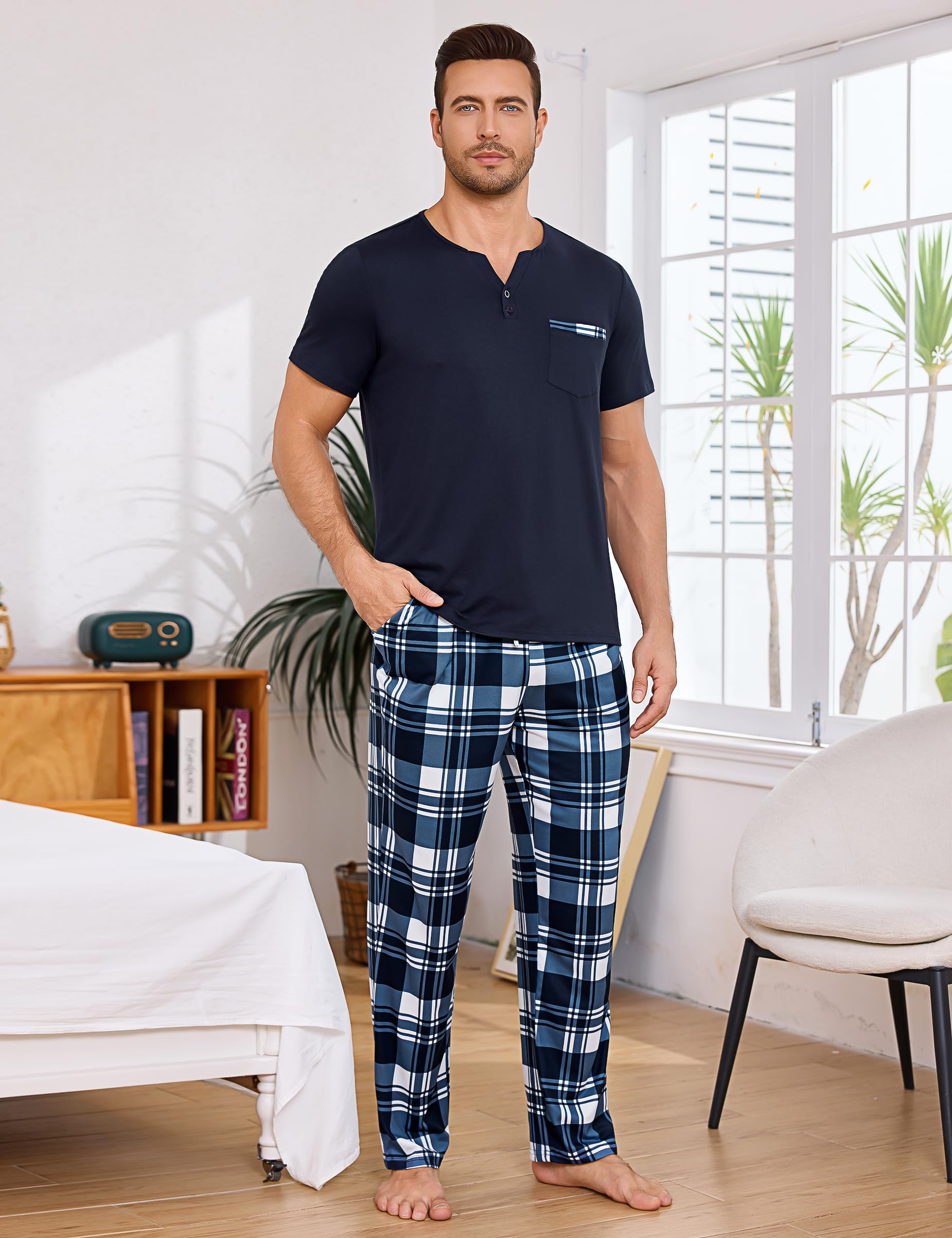 Bresdk Schlafanzug Herren Lang Pyjama Set Baumwolle Warm Zweiteilige Kariert Nachtwäsche mit Kurzarm Oberteil und Lange Pyjamahose