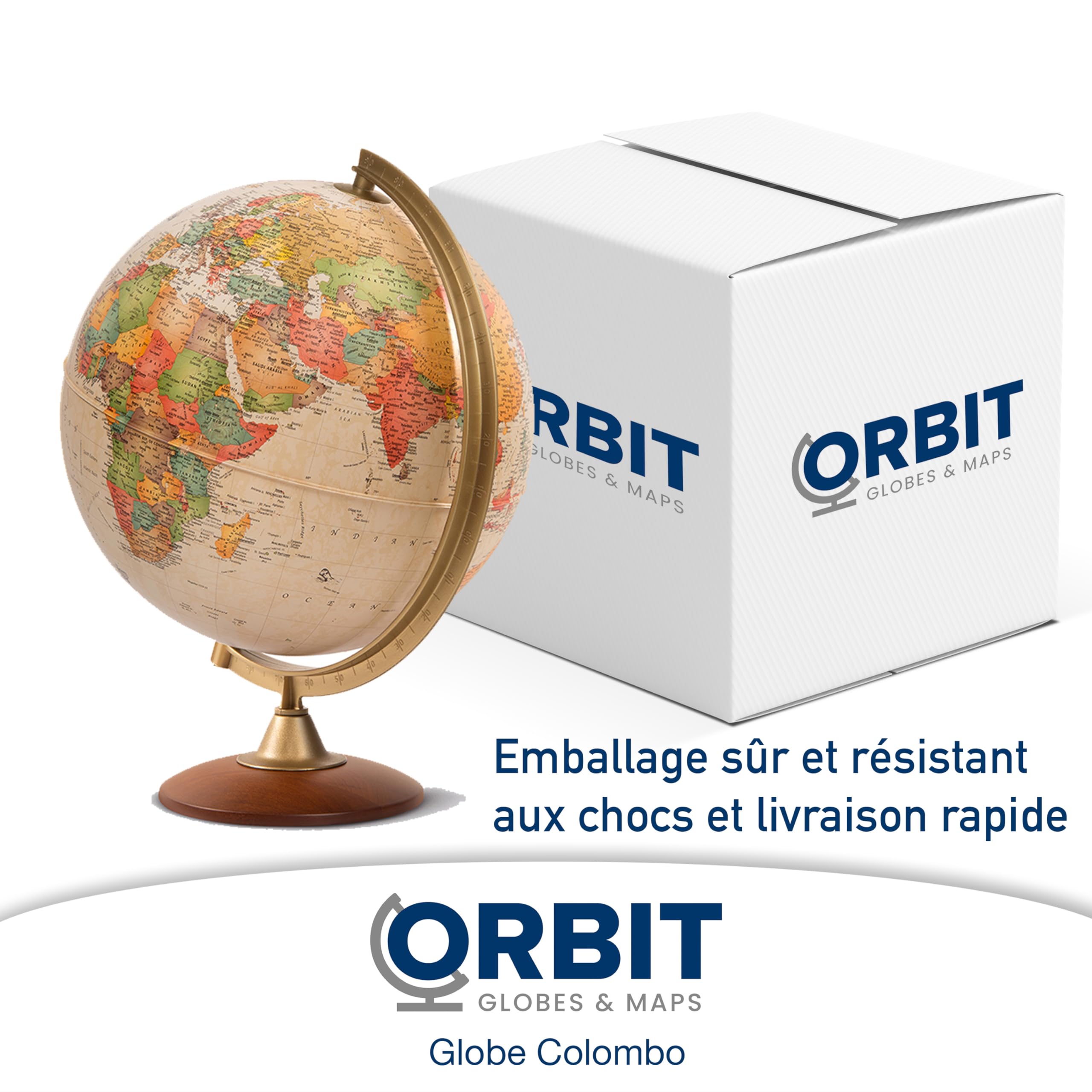 ORBIT Globes & Maps - Globe lumineux rétro dans le style antique - globe vintage de 30cm avec pied stable, image de carte 2023 physique/politique avec lampe LED, image de carte française actuelle