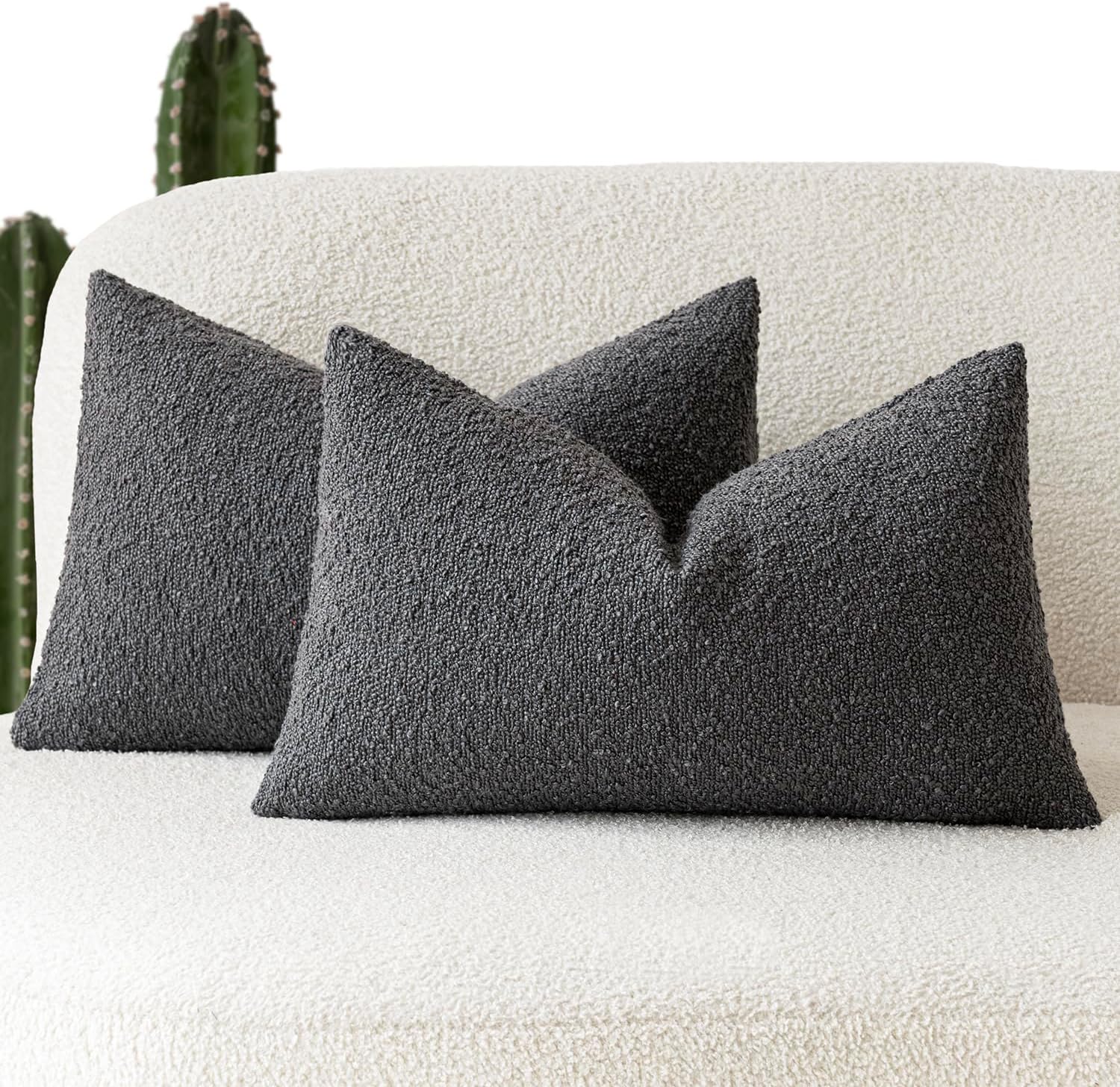 Foindtower Pack of 2 Textured Boucle Throw Pillow Covers Accent Solid Decorative Lumbar Pillow Cases Woven Couch Cushion Case for Sofa Living Room Home Decor, 12 x 20 Inch,Dark Grey
