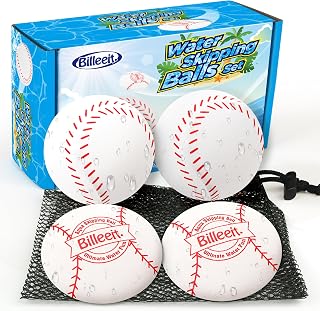 4PCS Baseball Theme Water Skipping Balls & Discs - Durable TPR Pool Beach Toys for Kids 4-12 & Adults, Float Bounce Fun