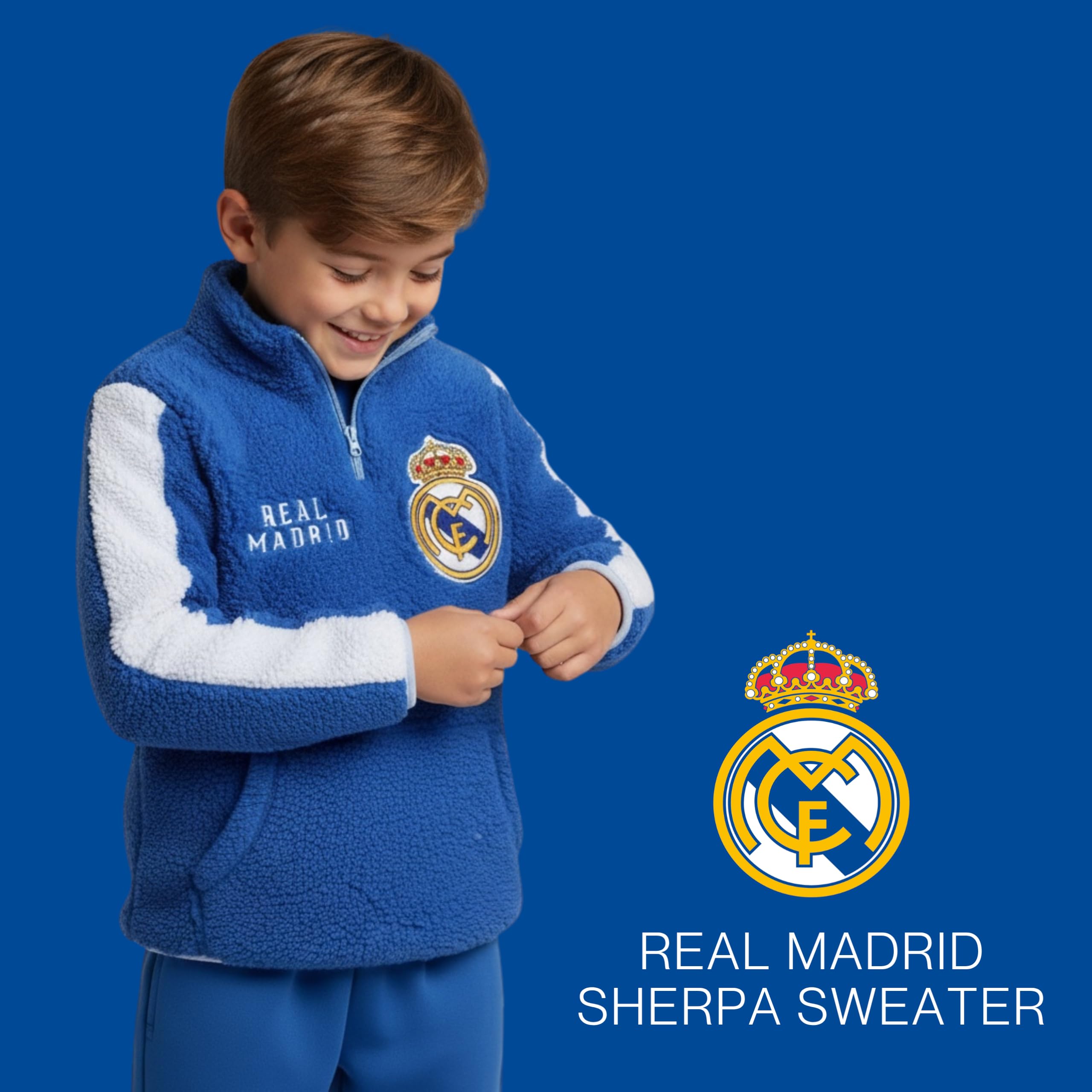 CF REAL MADRID Sudadera para Niño, Sueter Sudadera Diseño Textil Suave Polar Sherpa, Regalo para Niño, Tallas 4 a 10 Años