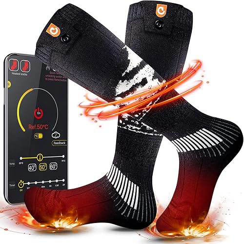 Heated Socks for Men Women - OIGOGOI 5000mAh Rechargeable Electric Heated Socks Foot Warmers 3 Heating Settings with APP Remote Control for Skiing