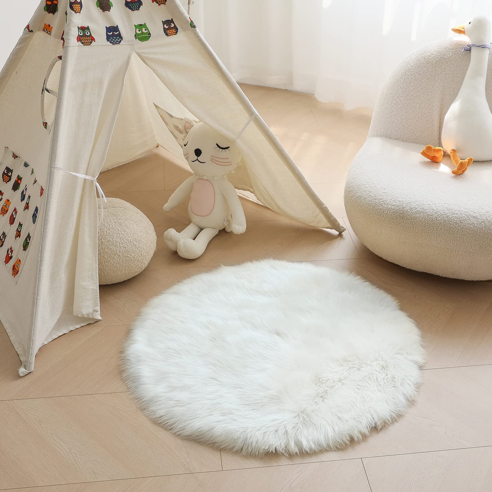 HARESLE Faux Fur Rug Round Shape Shaggy Rugs Floor Carpet for Bedroom Living Room Kids Room (White,80cm/Diam 32 in) - Image 4
